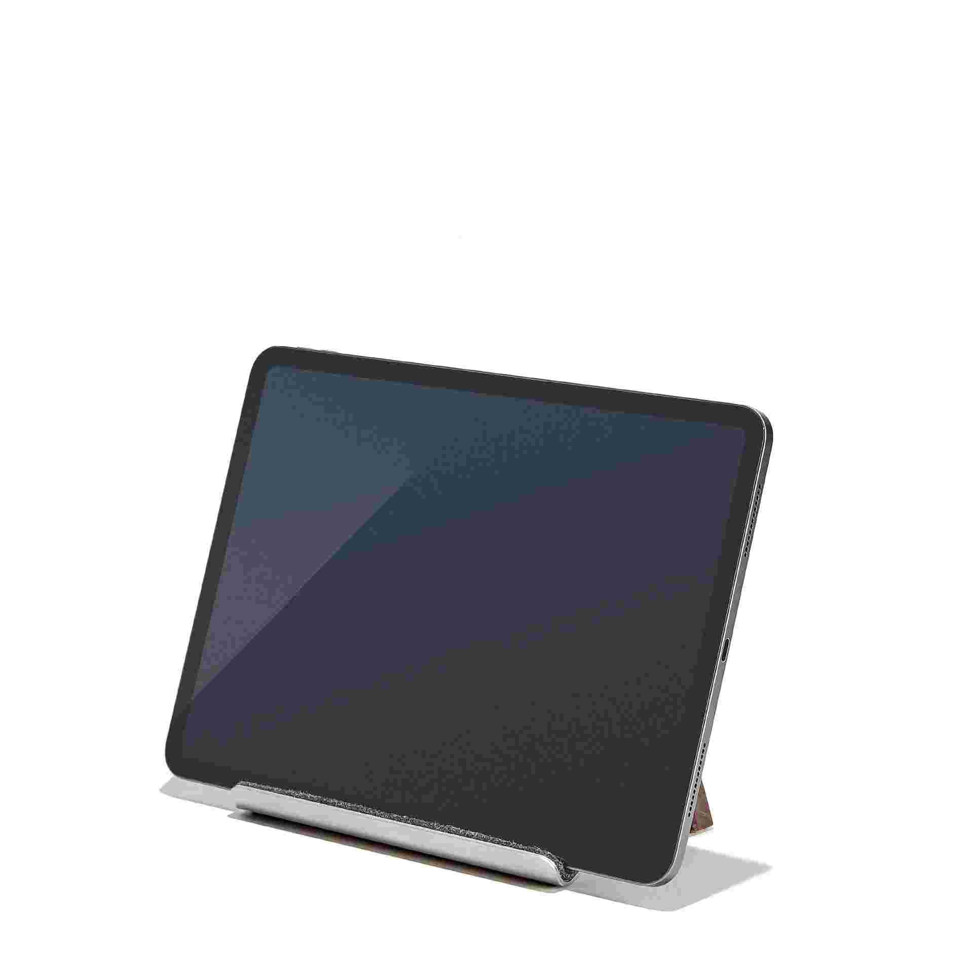 Walnut iPad Stand with 11" iPad Pro in landscape orientation.