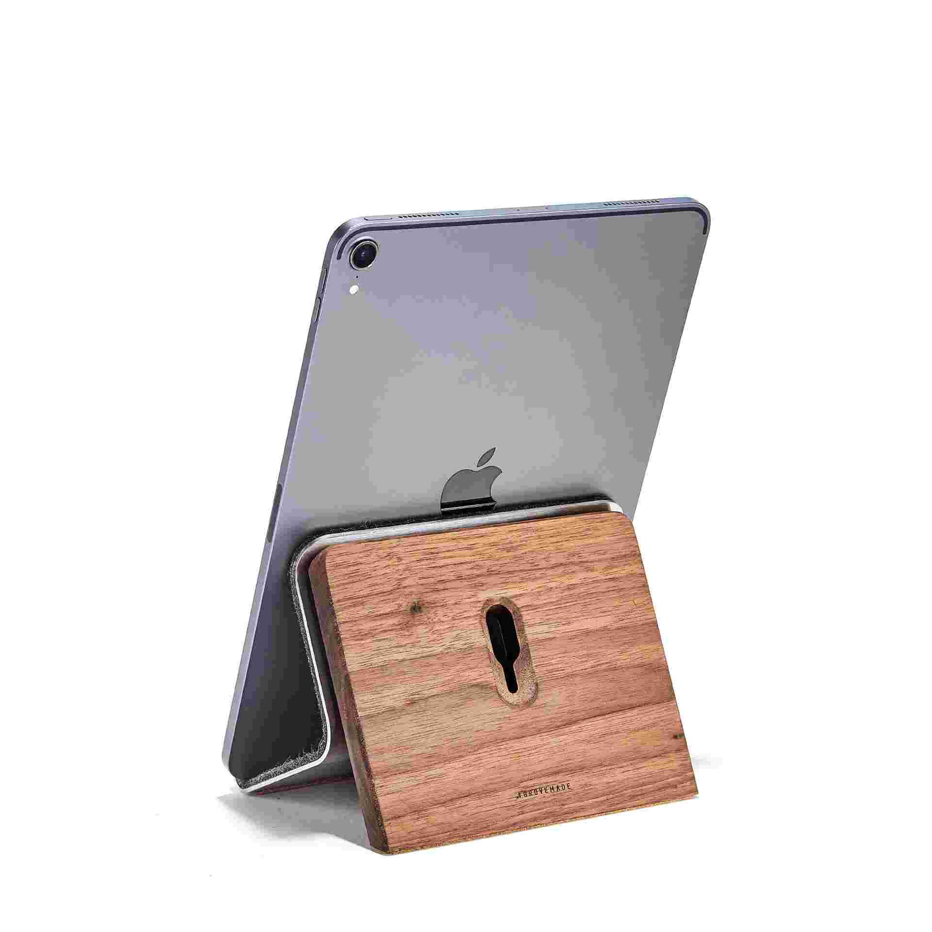 Rear view of Walnut iPad Stand with 11" iPad Pro.