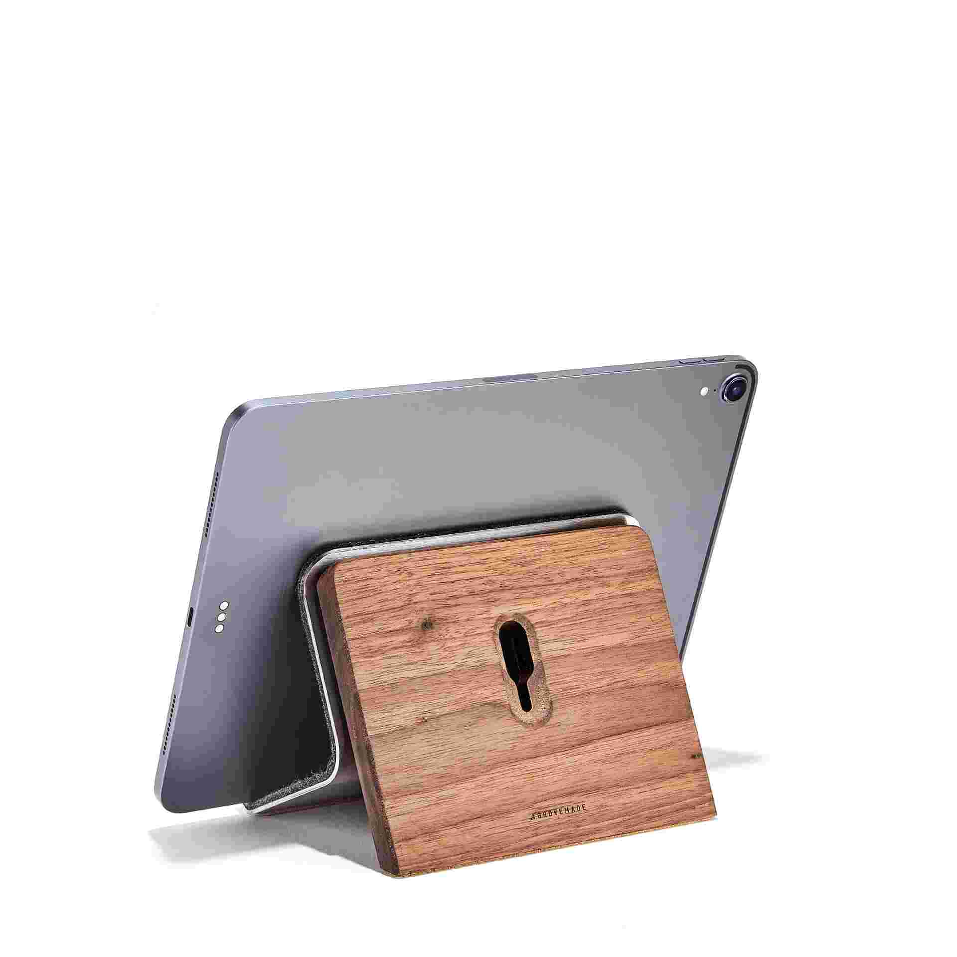 Rear view of Walnut iPad Stand with 11" iPad Pro in landscape orientation.