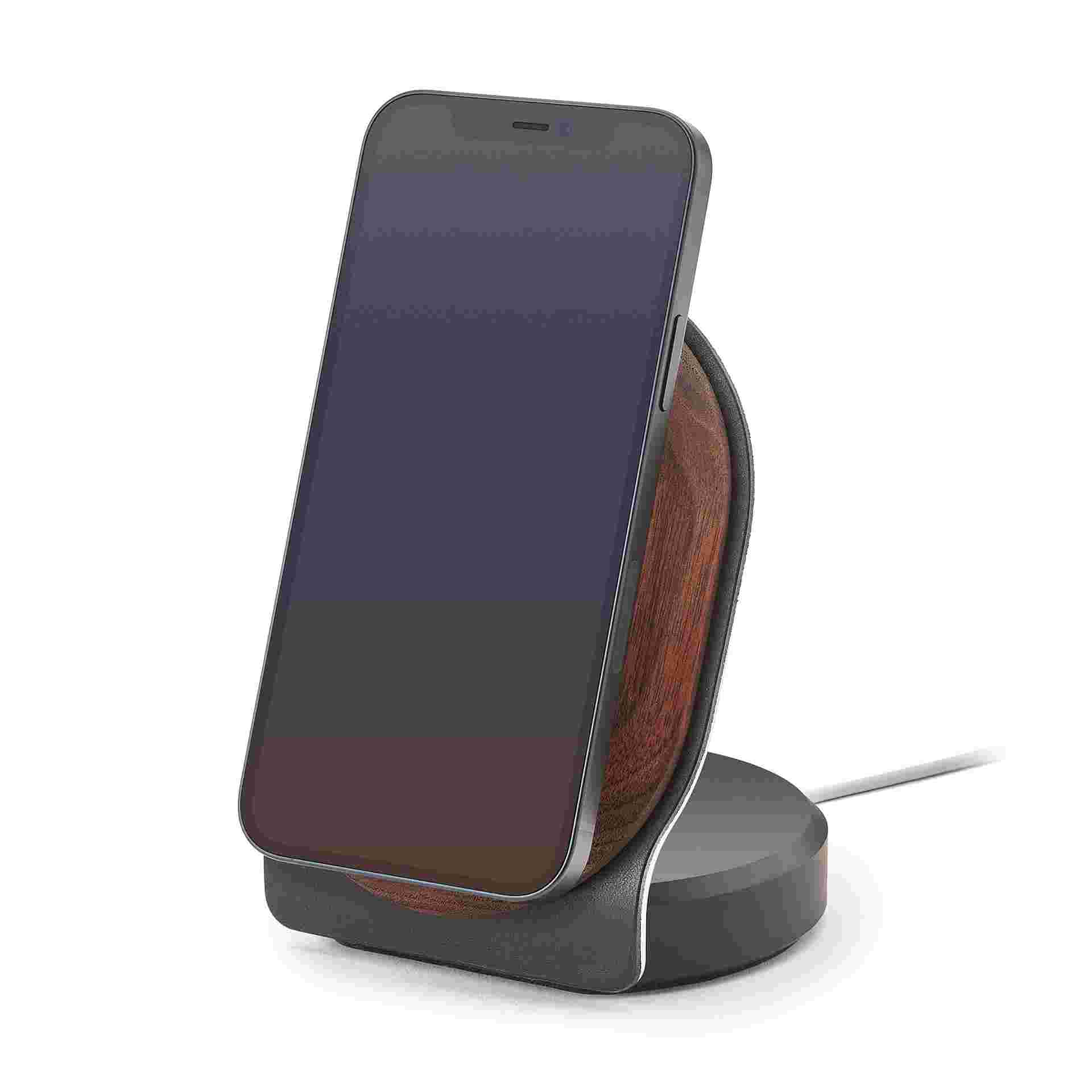 Walnut and black leather MagSafe Dock for iPhone 12.
