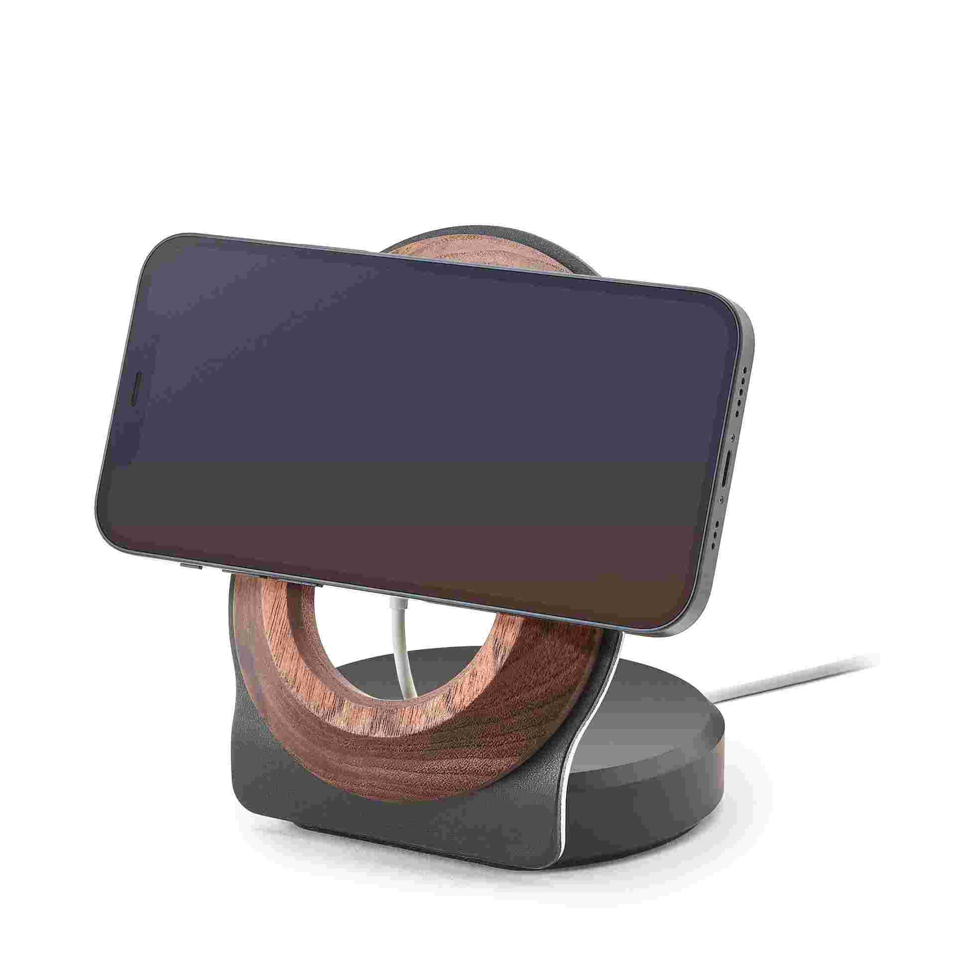 Walnut and black leather MagSafe Dock for iPhone 12 in landscape mode.
