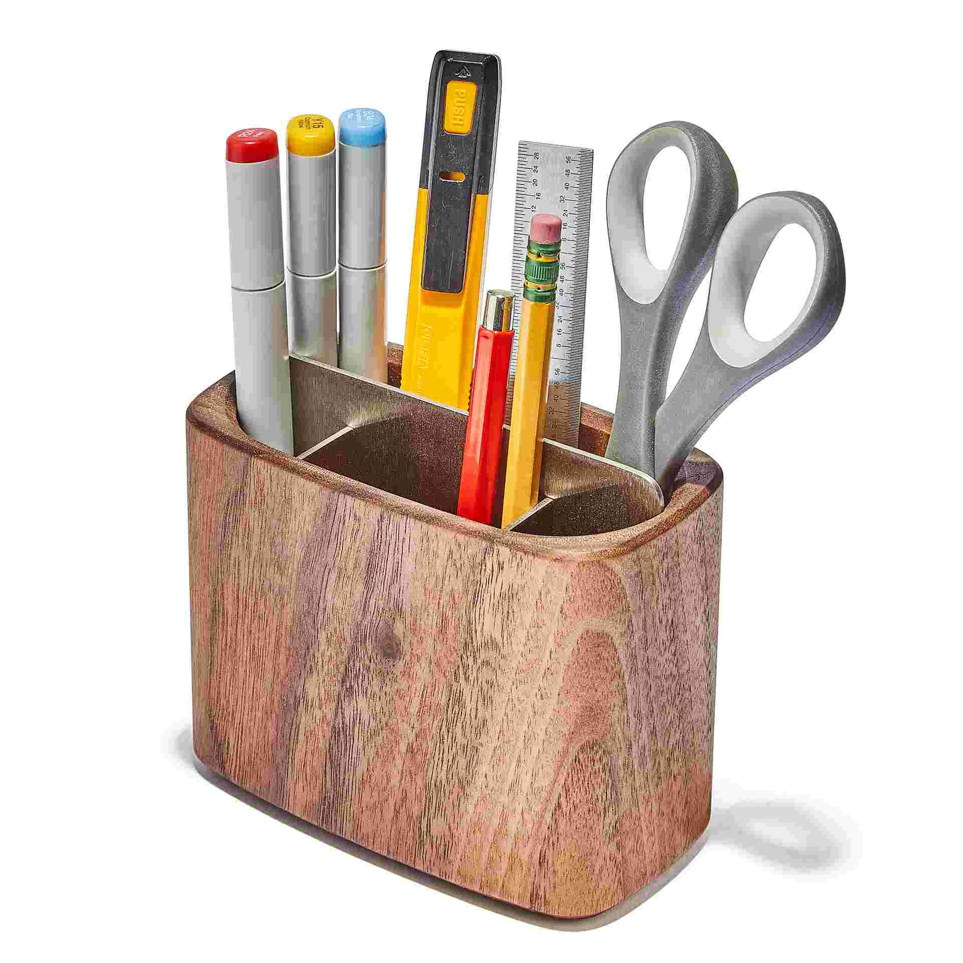 Wide walnut tool pot for pens, scissors, office supplies.