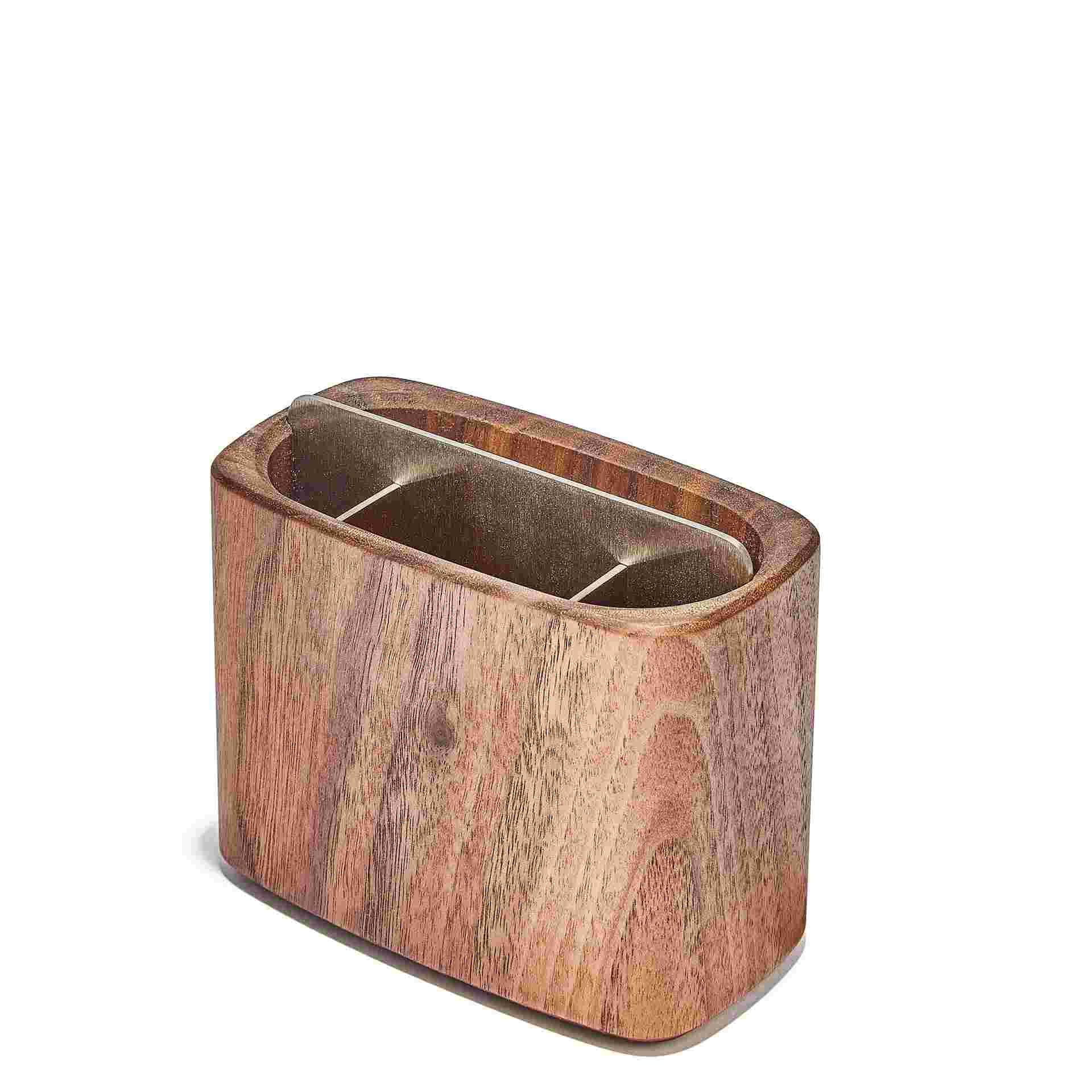 Empty double wide walnut ool holder divided into six compartments.