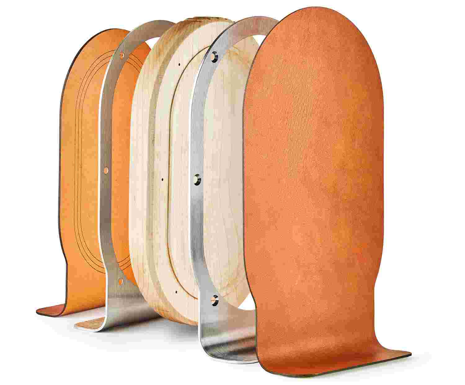 Exploded view of the maple wood headphone stand, showing the layering of solid hardwood, metal, and leather.