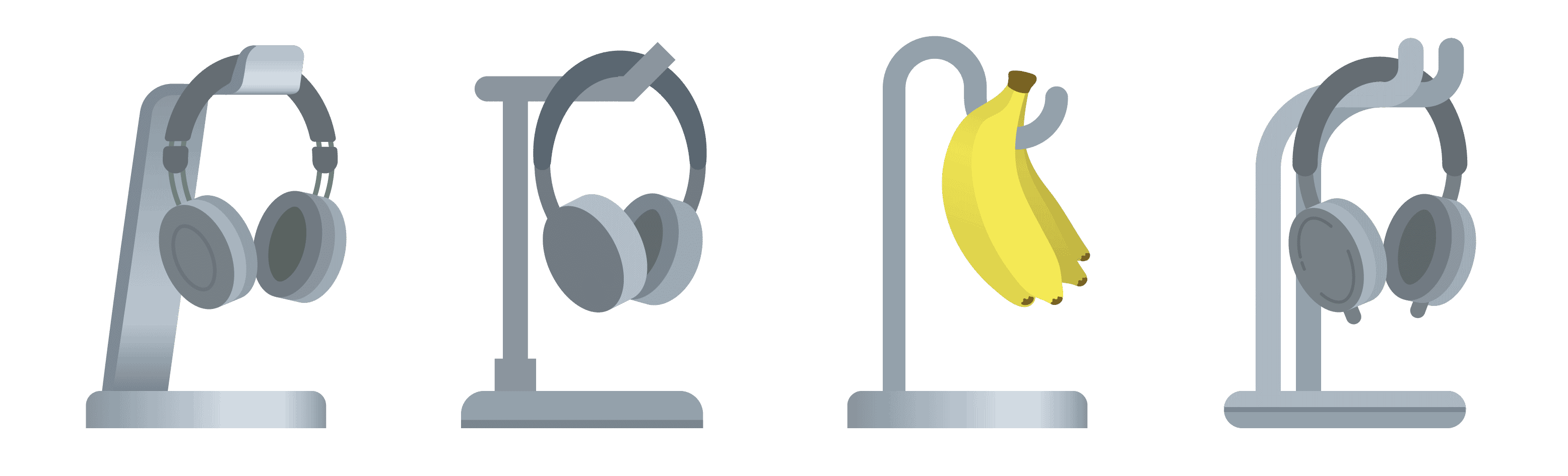 Illustration of traditional headphone stands juxtaposed with an identical banana stand.