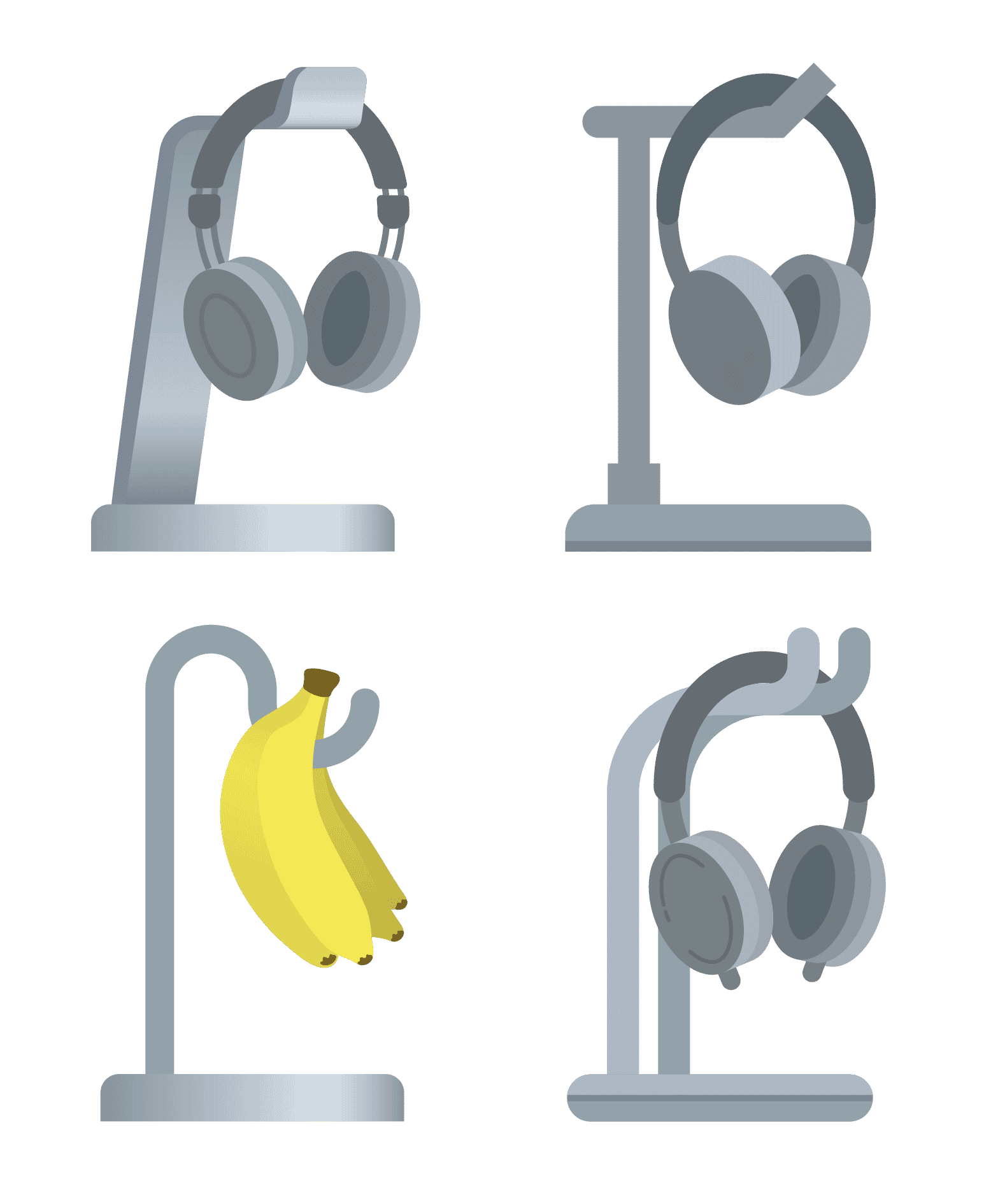 Illustration of traditional headphone stands juxtaposed with an identical banana stand.