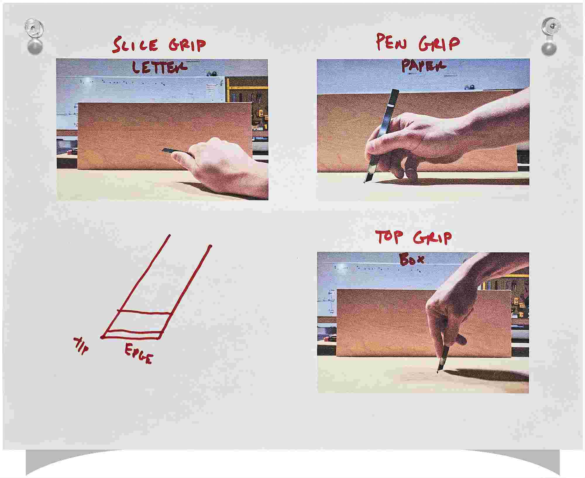 Ergonomic study showing different hand positions used while holding a knife for various tasks.