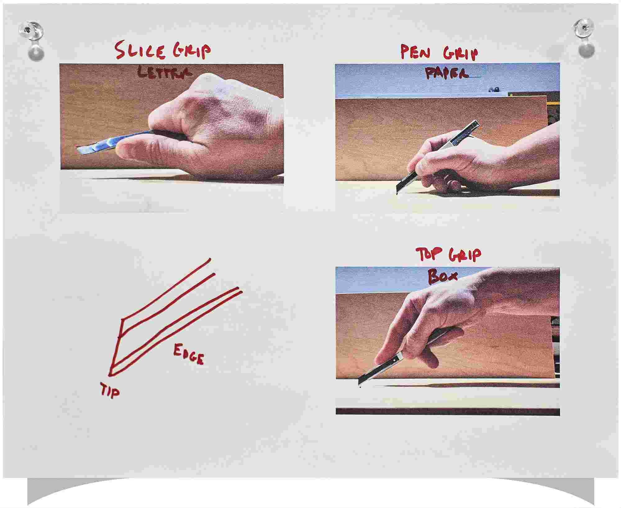 Ergonomic study showing different hand positions used while holding a knife for various tasks.