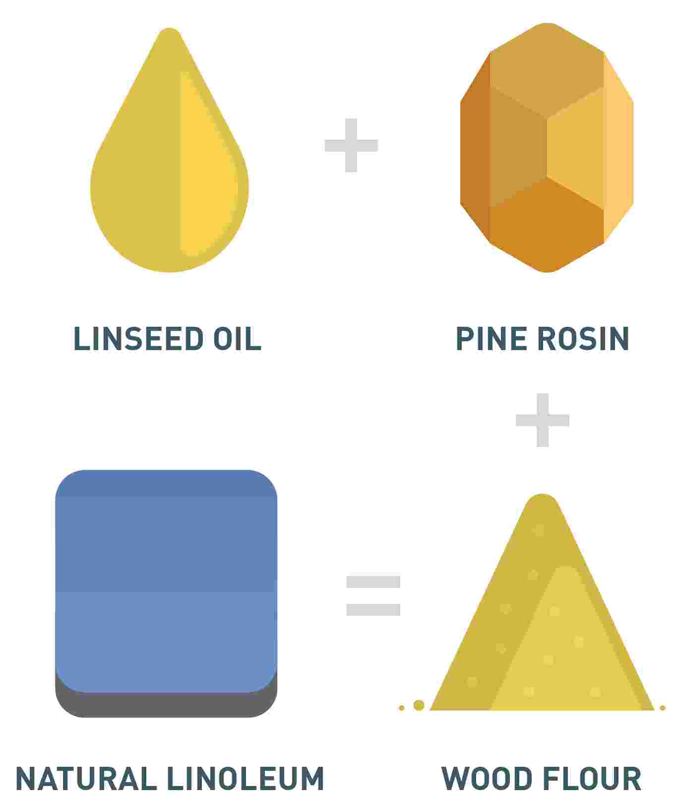 Infographic showing the composition of natural linoleum: Linseed oil, pine rosin, and wood flour combine to form the sturdy composite.