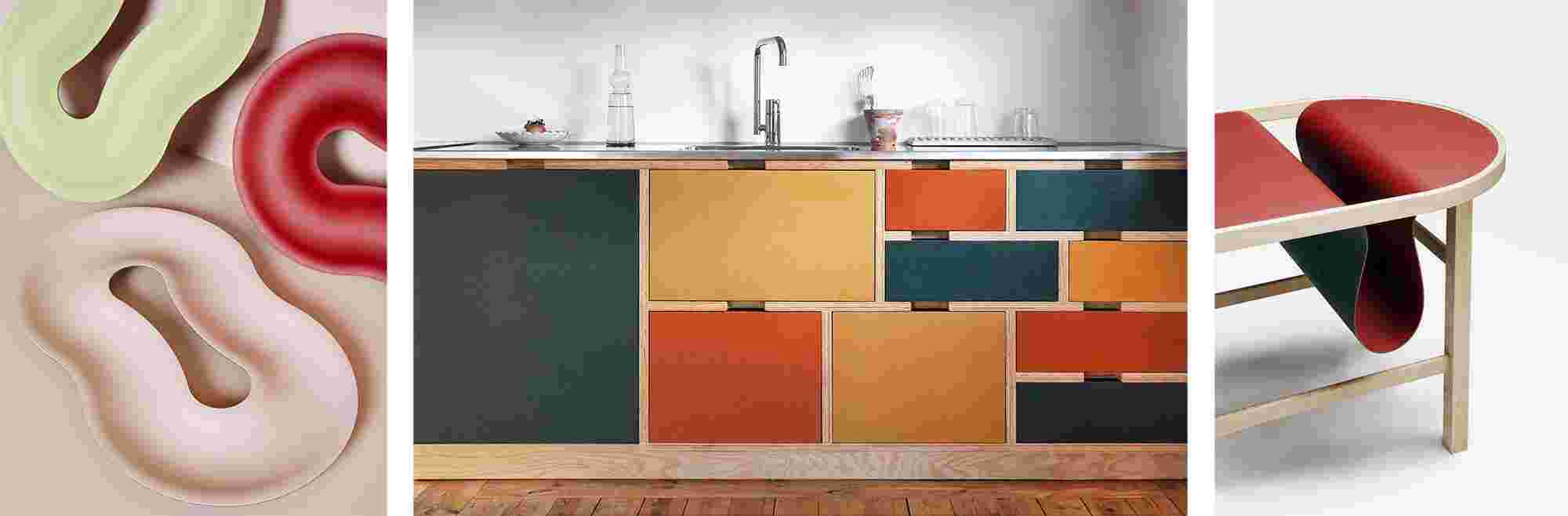Examples of natural linoleum in other applications, including colorful kitchen counters and unique coffee tables.