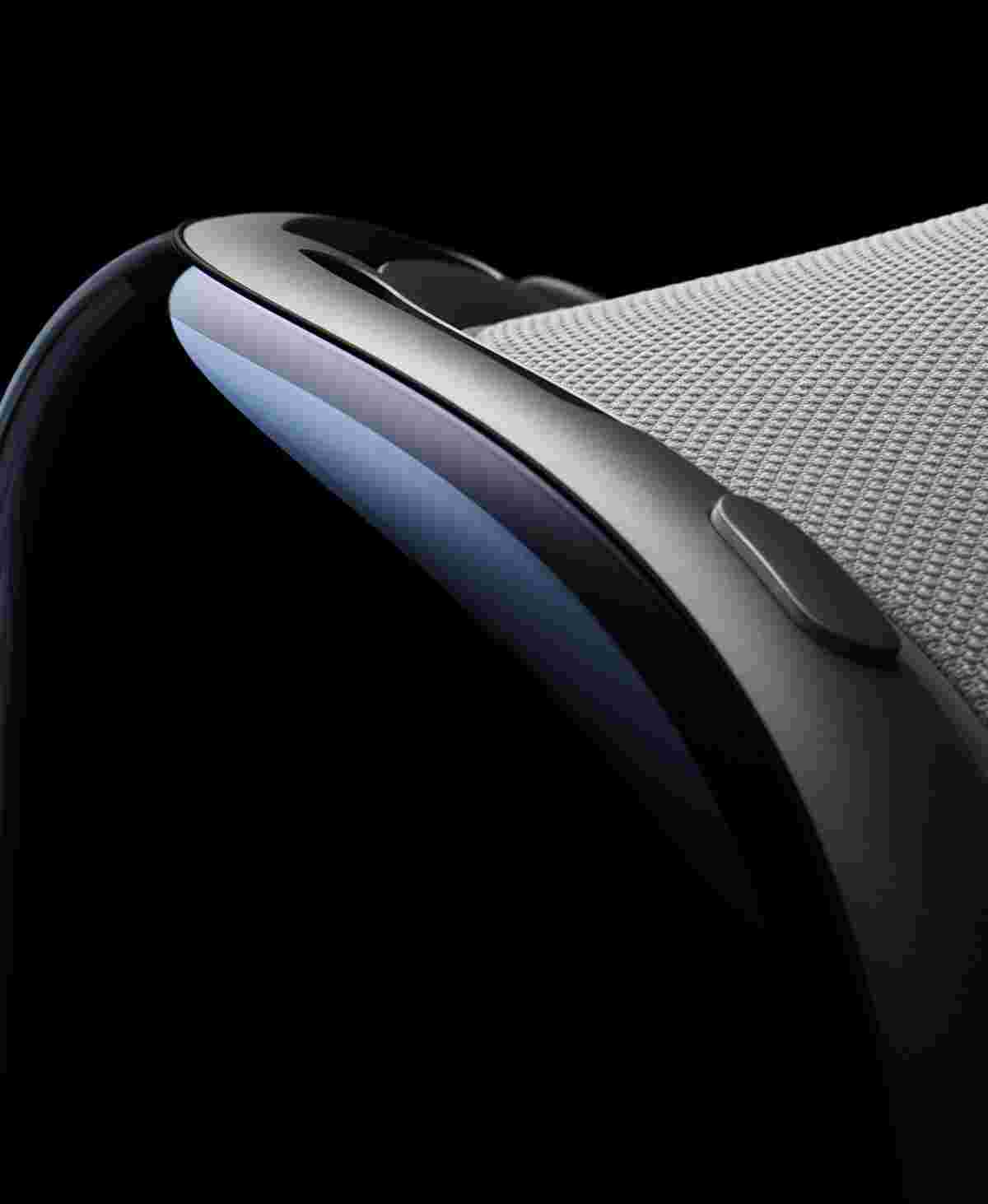 Detail of front glass panel of Apple Vision Pro.
