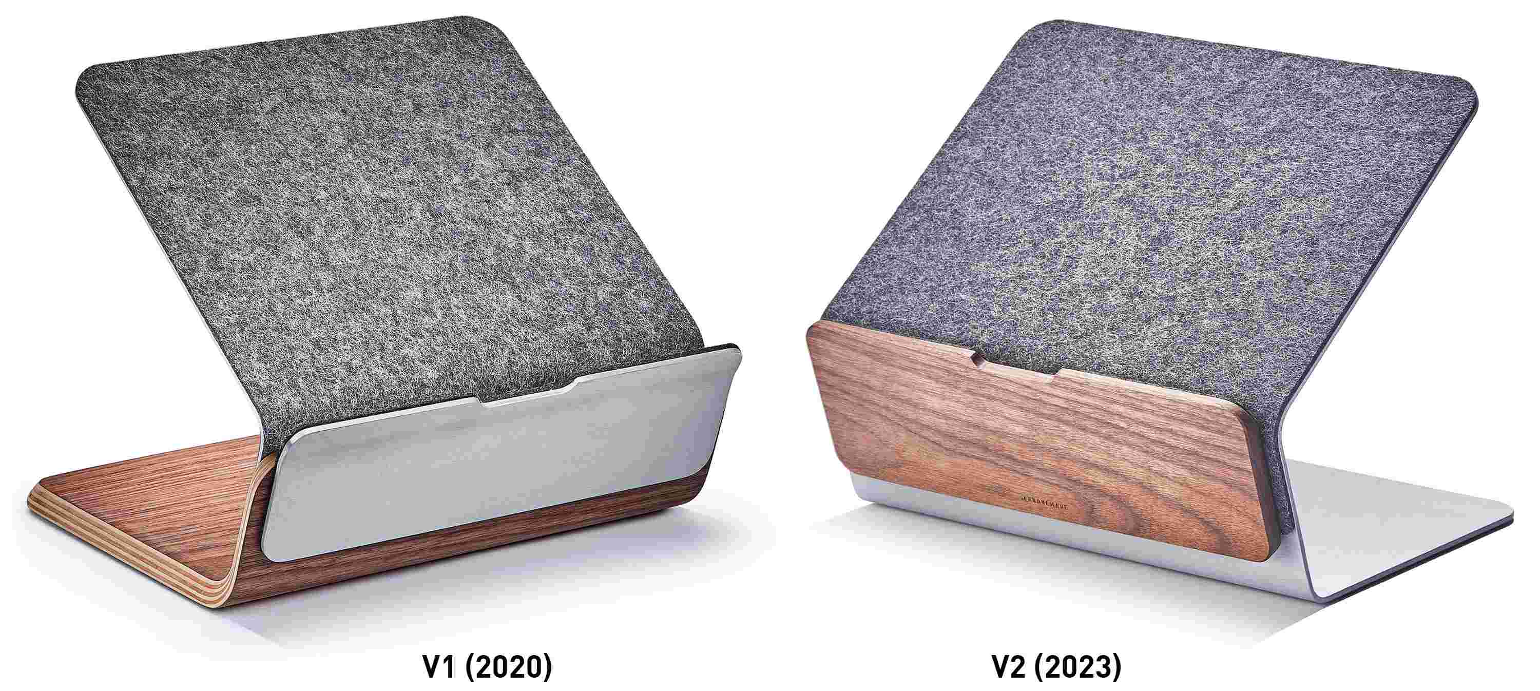 The original Grovemade Laptop Riser from 2020 side by side with the redesigned 2023 model.