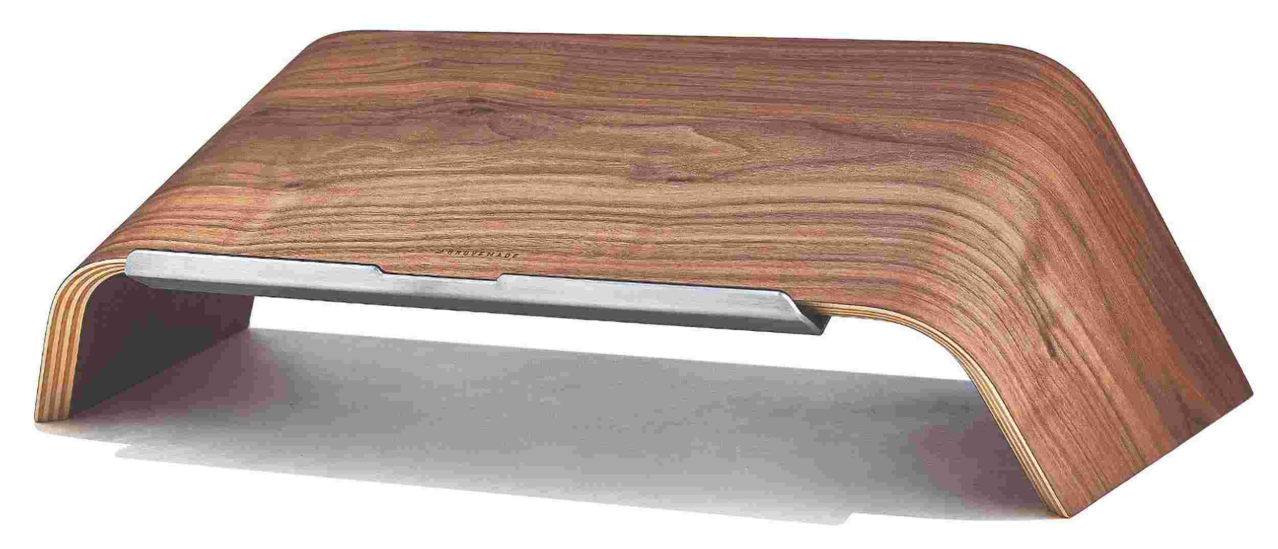 Bent Walnut Laptop Stand with metal stopper featuring a centered geometrical notch.