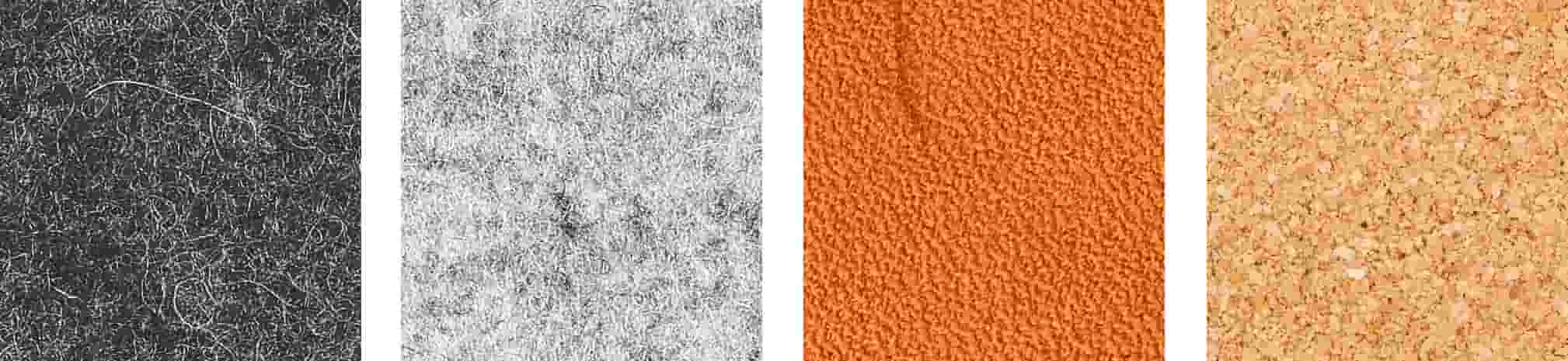 Four swatches of various materials—dark grey wool, light grey wool, tan leather, and natural cork.