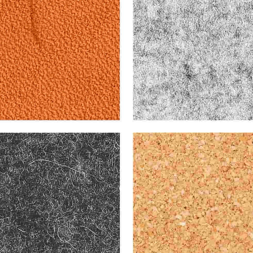Four swatches of various materials—dark grey wool, light grey wool, tan leather, and natural cork.