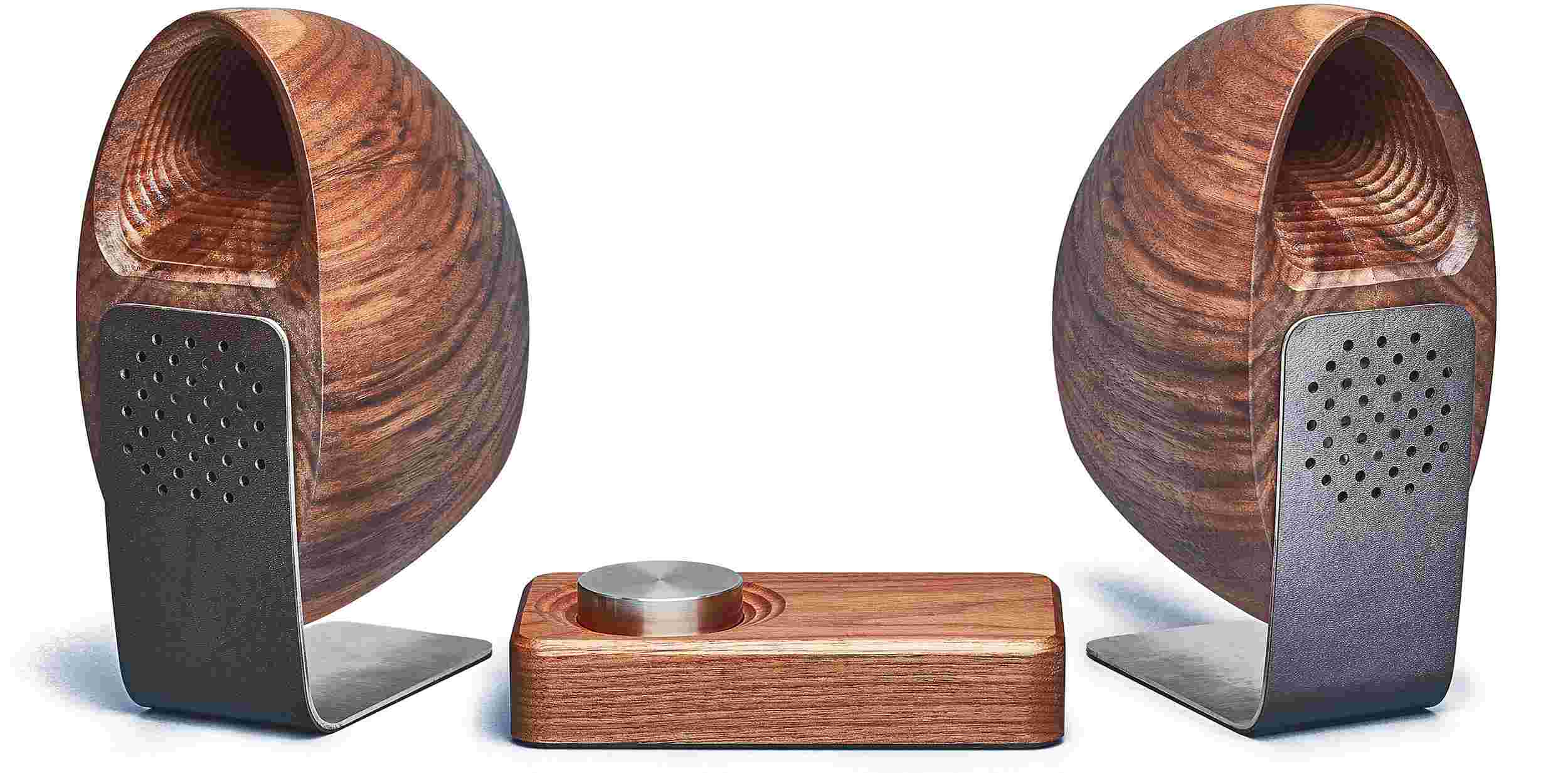 Isolated shot of the Grovemade Speaker system featuring a sculptural, rounded walnut shape.