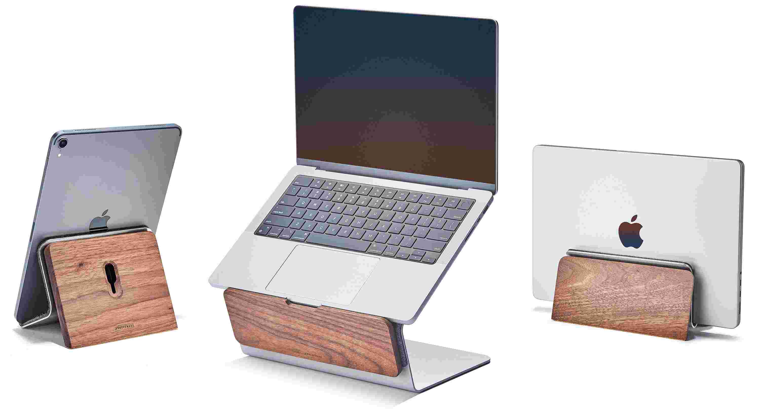Isolated shot of matching walnut iPad stand, laptop stand, and MacBook dock.