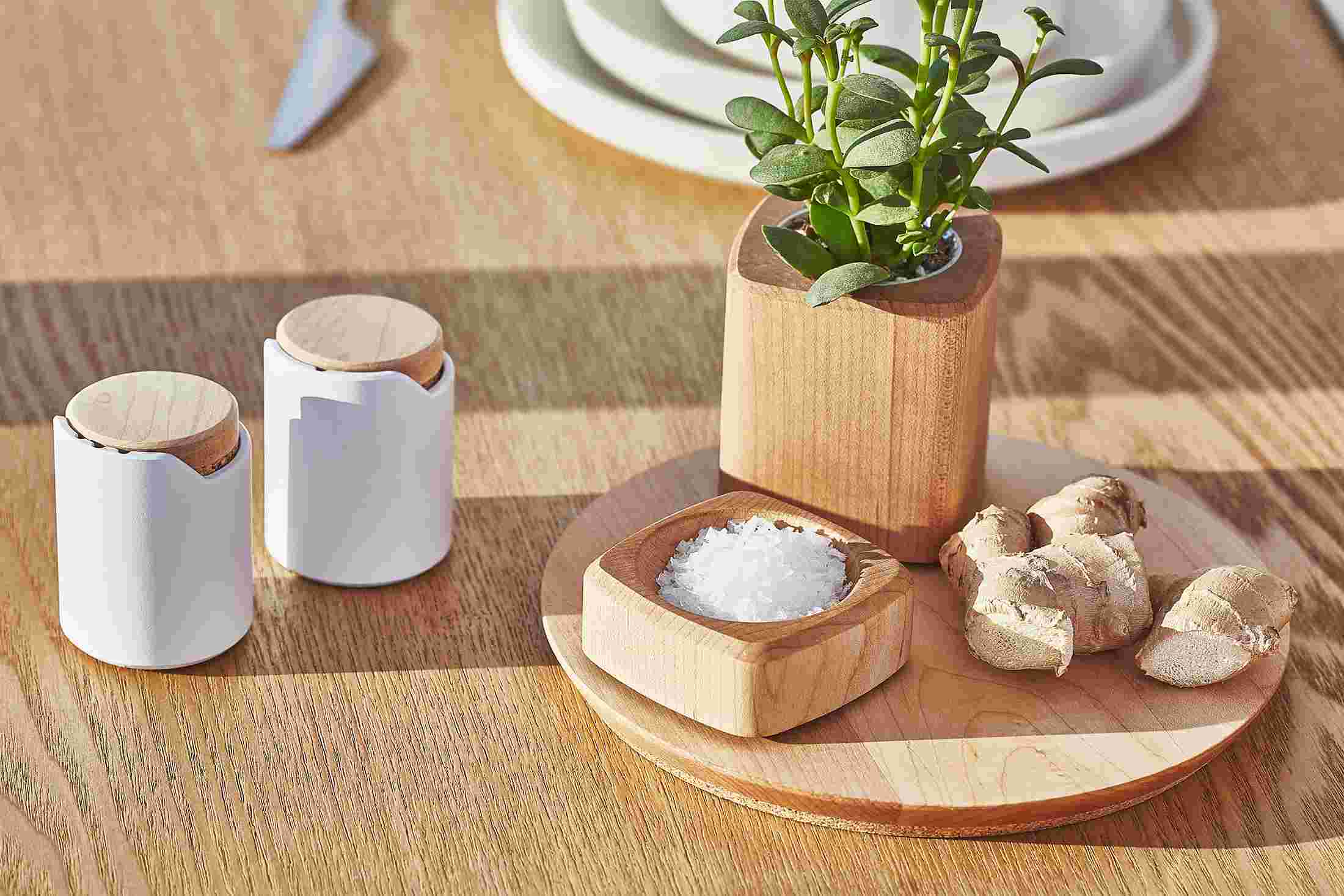 Maple trivet with matching maple salt dish, planter, and white ceramic salt & pepper shakers.