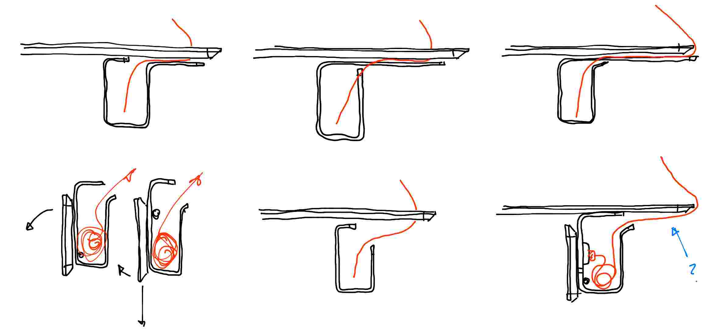 パワーパネルとデスク天板の間でコードをどう通すか、さまざまな方法を描いたラフスケッチ