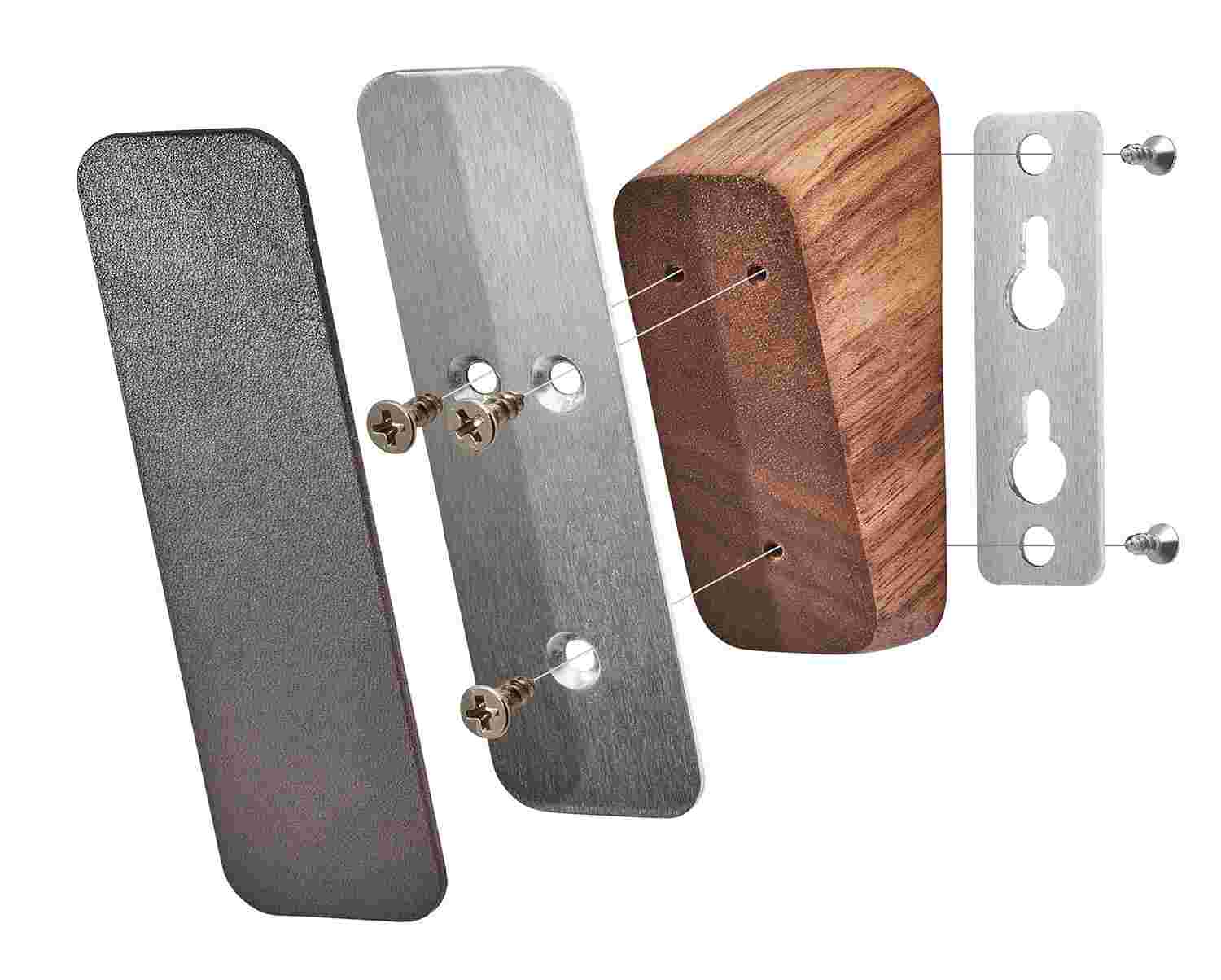 Diagram showing exploded view of construction of walnut and black leather wall hook.