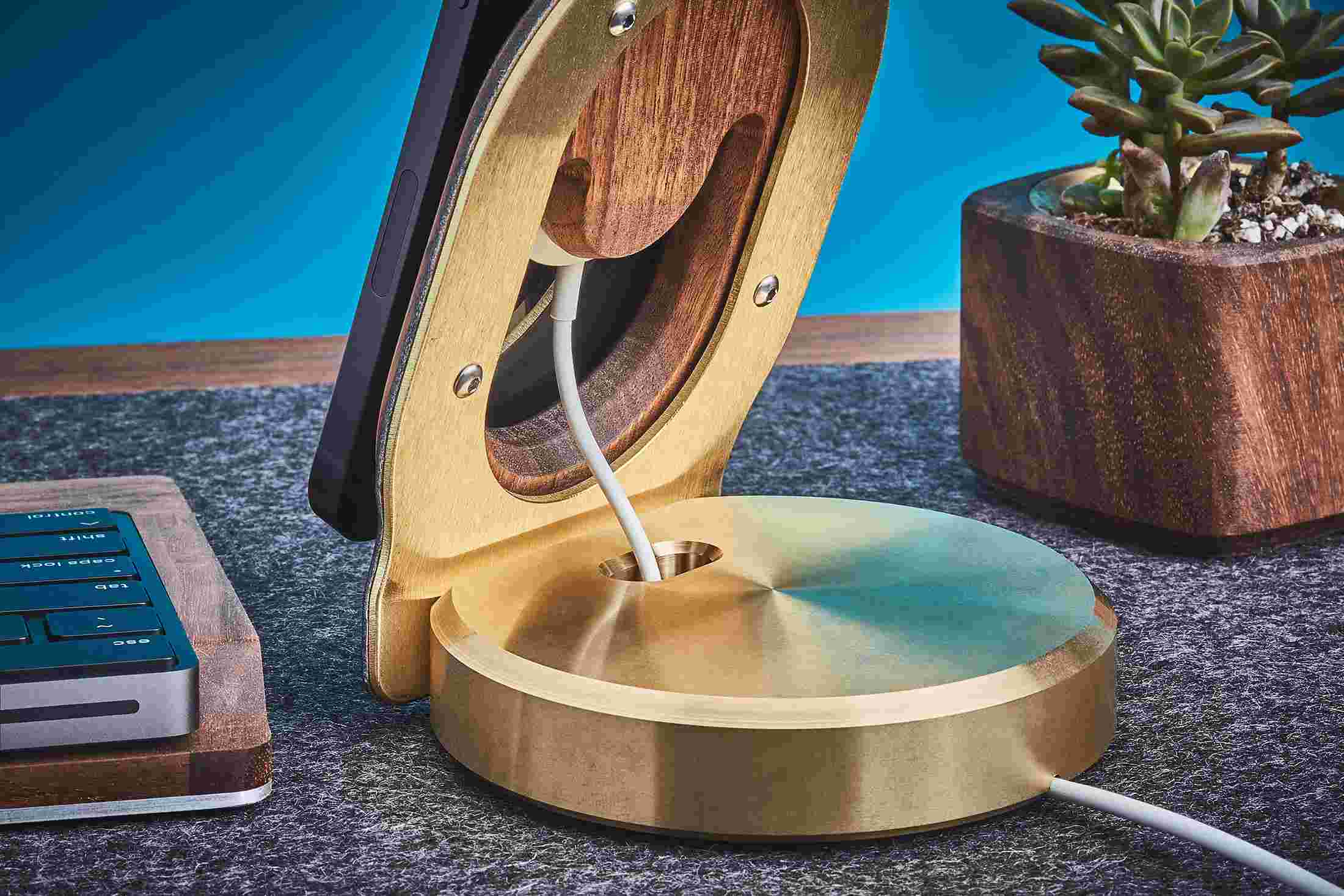 Rear view of the Brass MagSafe Stand's cord management.