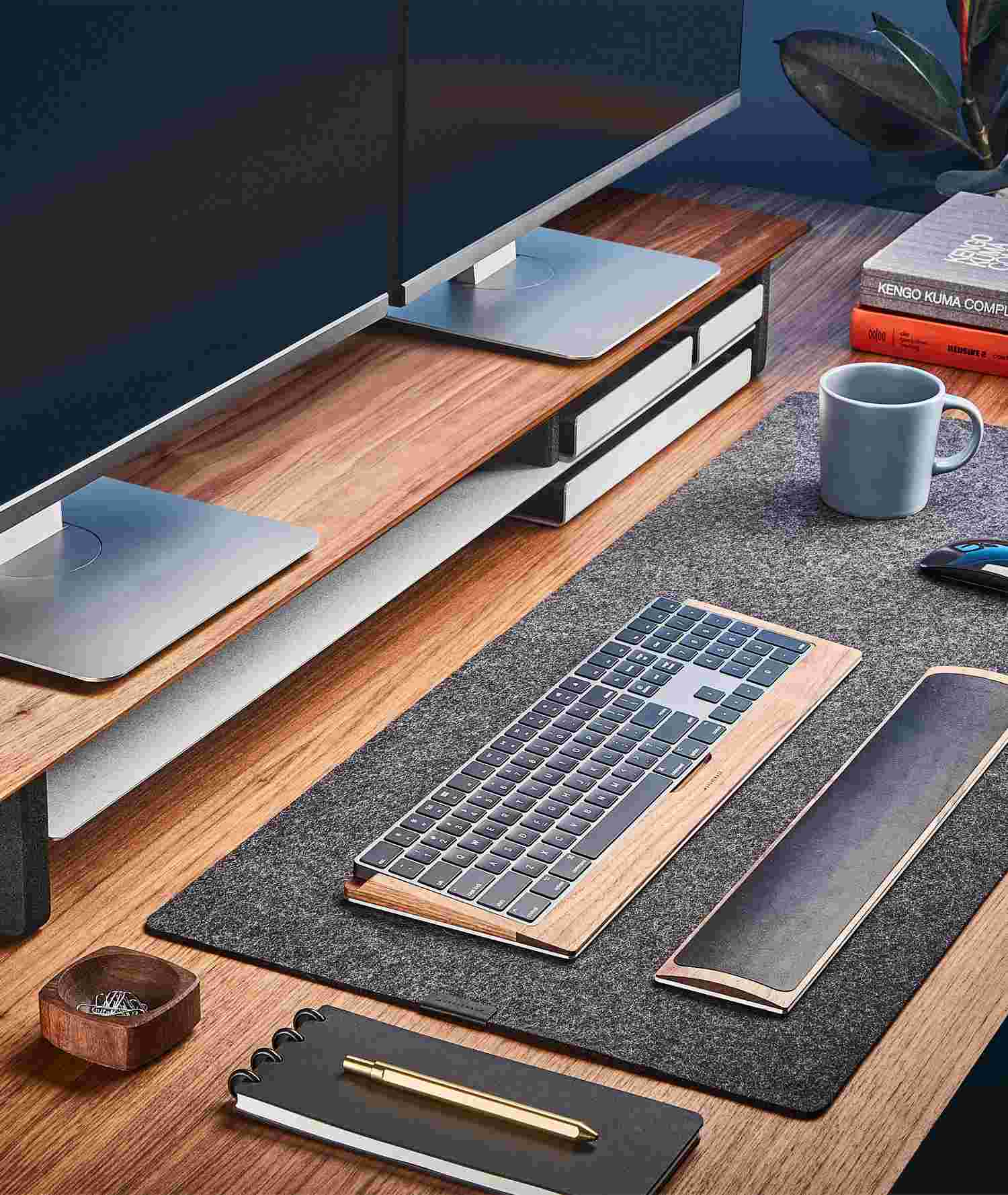 The Walnut Desk Shelf System for one or two monitors with the small wool felt desk pad.