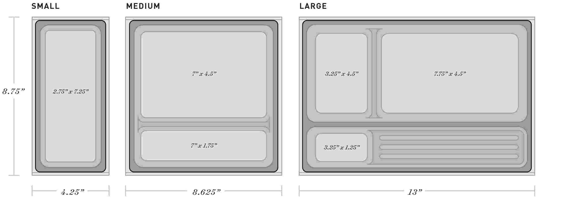 Desk Trays by size with their dimensions. These dimensions can be found below in the section "Technical Specifications" in the subsection "Dimensions".