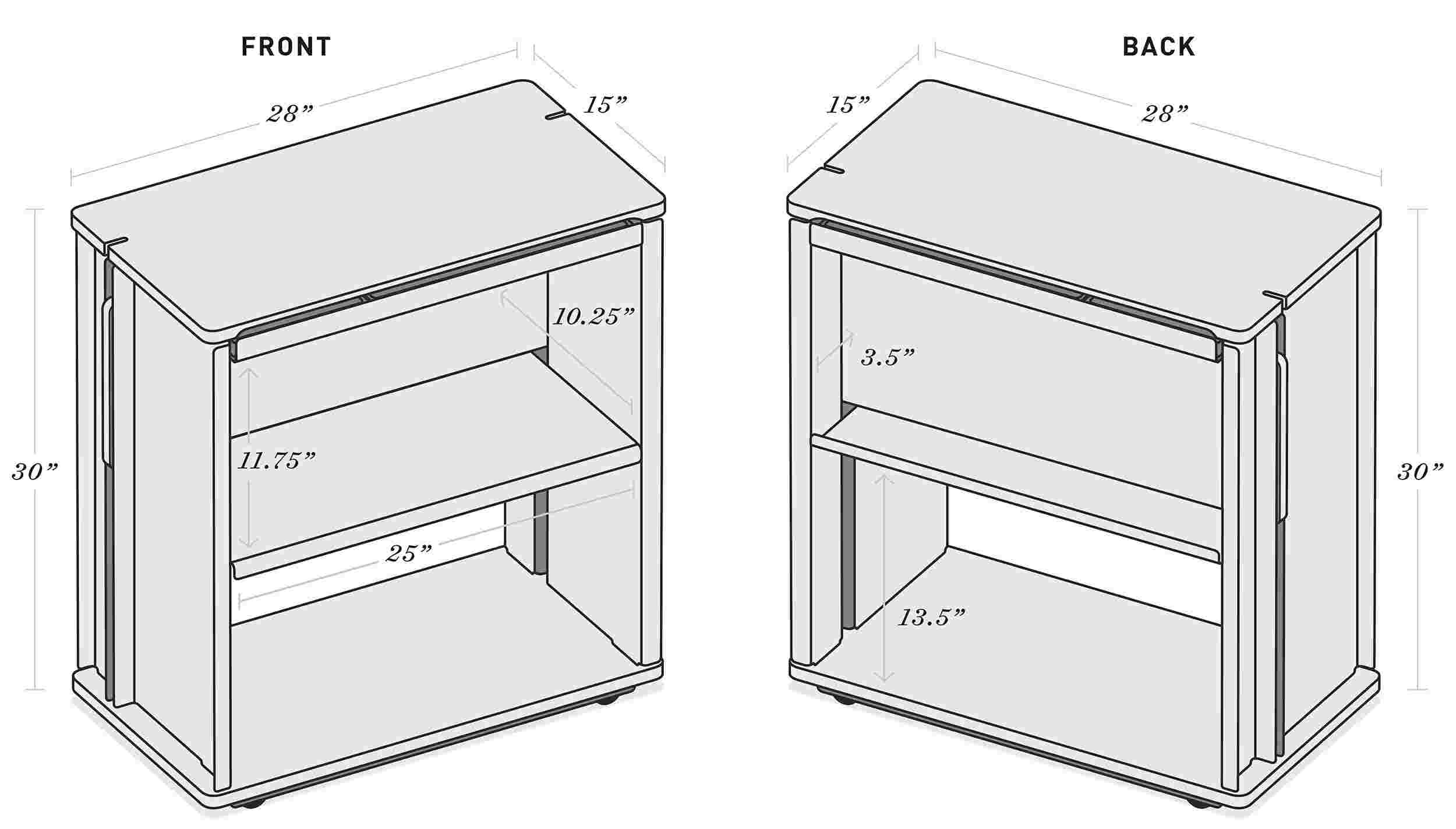 Diagrams showing the dimensions of the desk cart, also listed in text at the bottom of the page.