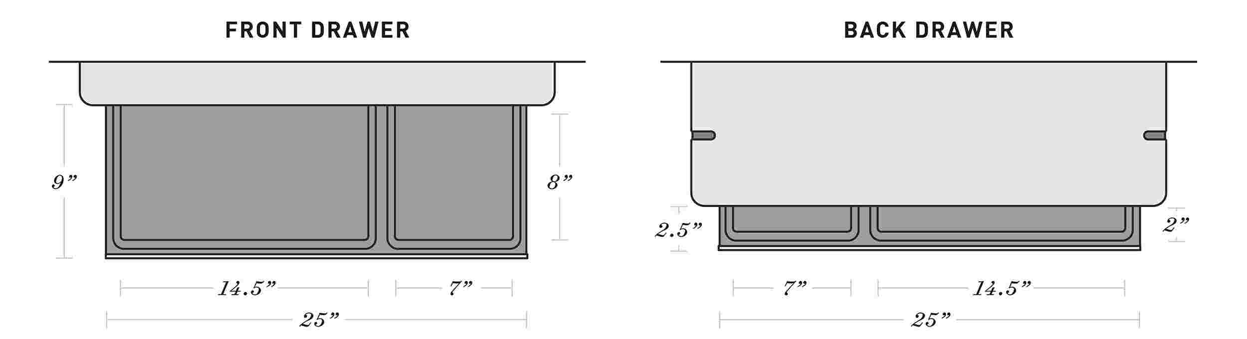 Diagrams showing the dimensions of the drawer, also listed in text at the bottom of the page.