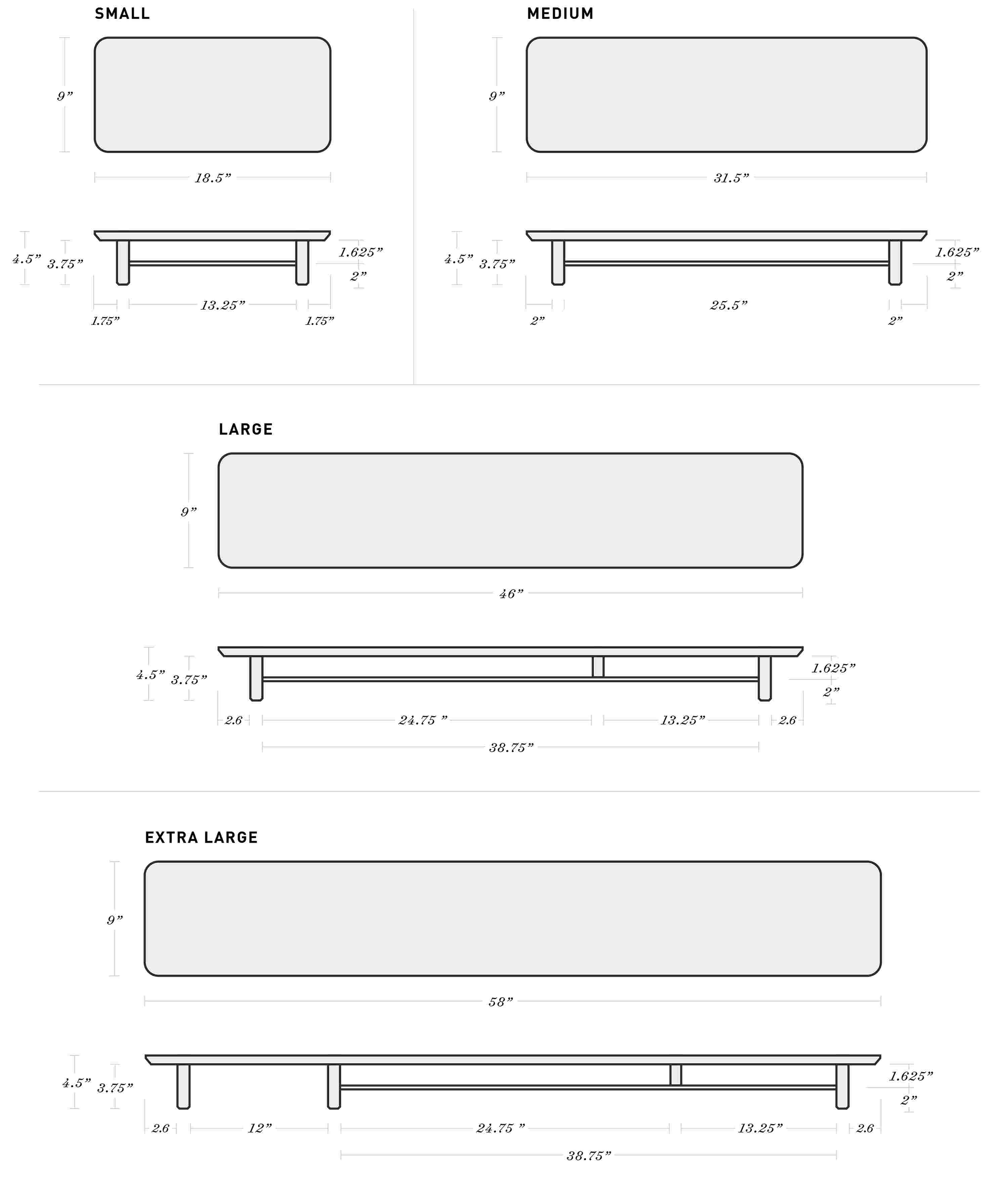 Desk shelves by size with their dimensions. These dimensions can be found below in the section "Technical Specifications" in the subsection "Dimensions"