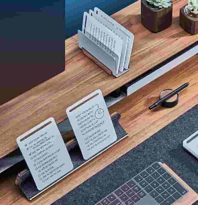 The walnut note-taking kit with matching desk shelf and desk pad.