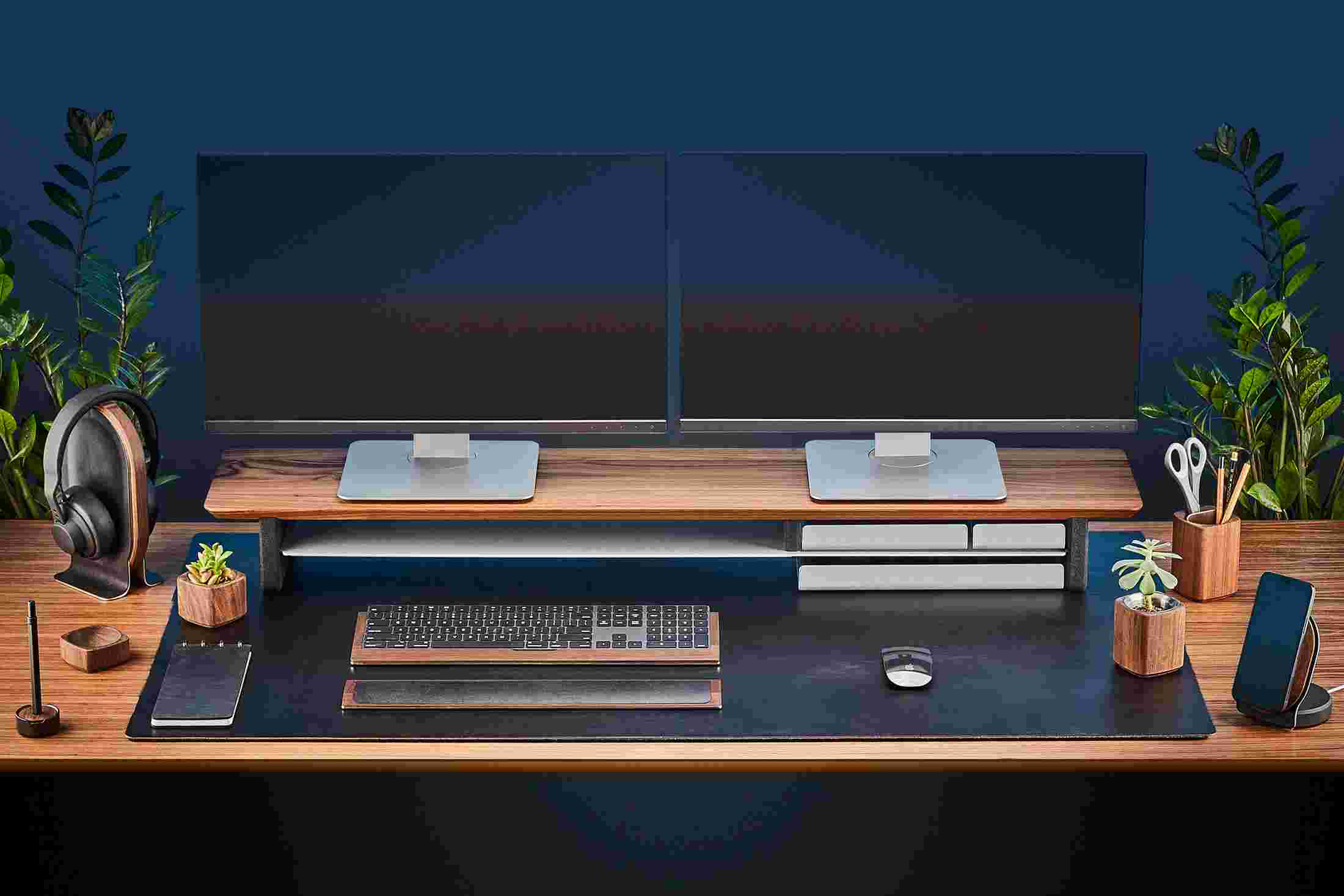 Wide shot of the large walnut desk shelf with all three sizes of desk tray in place.
