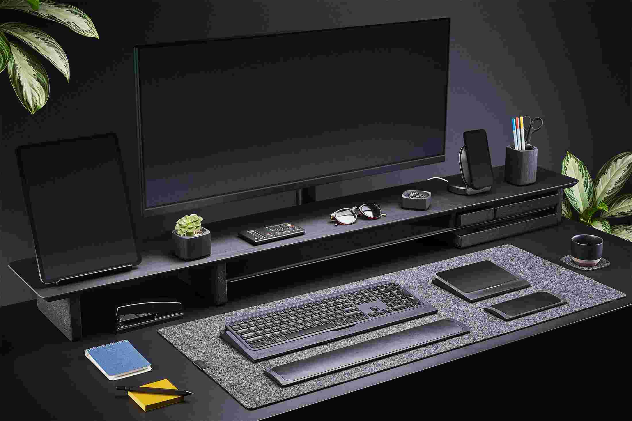 XL All Black Desk Shelf with matching blackened wood desk tools and stands.