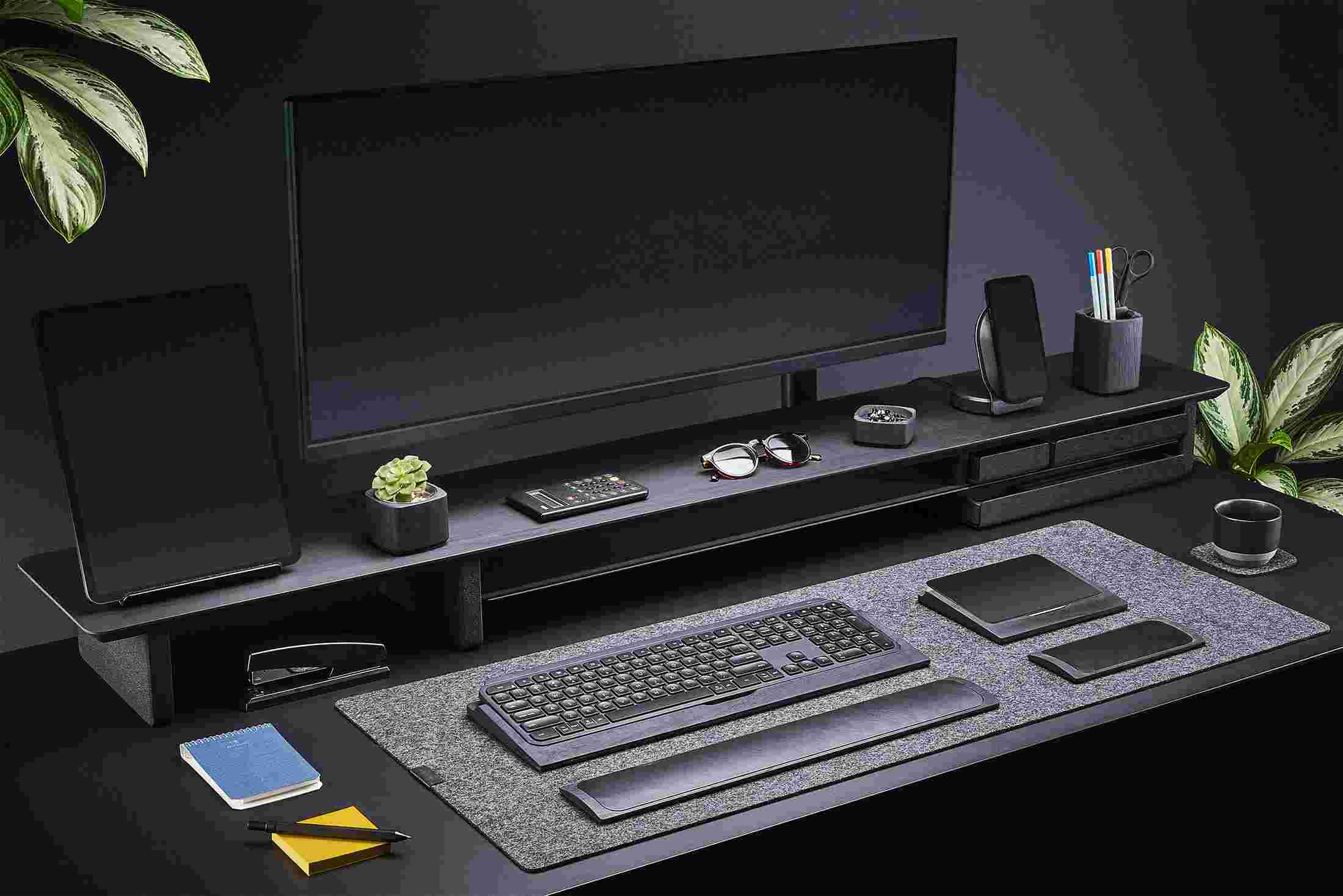 XL Black Desk Shelf with Blackened Walnut iPad Stand and MagSafe Charger.