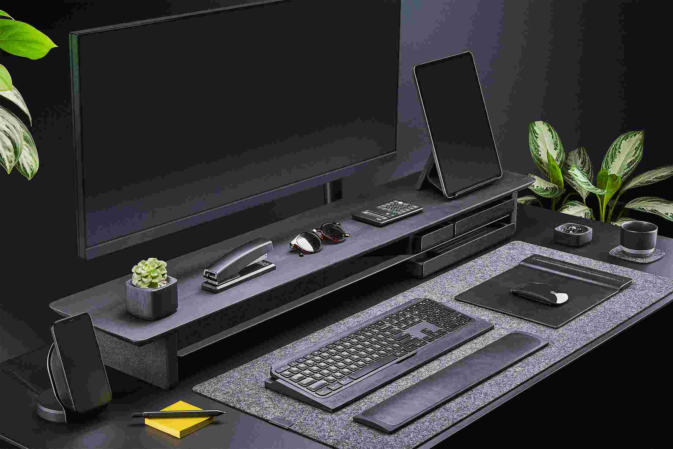 Blackened Walnut iPad Stand on Large Black Desk Shelf with floating monitor and wool felt desk pad.