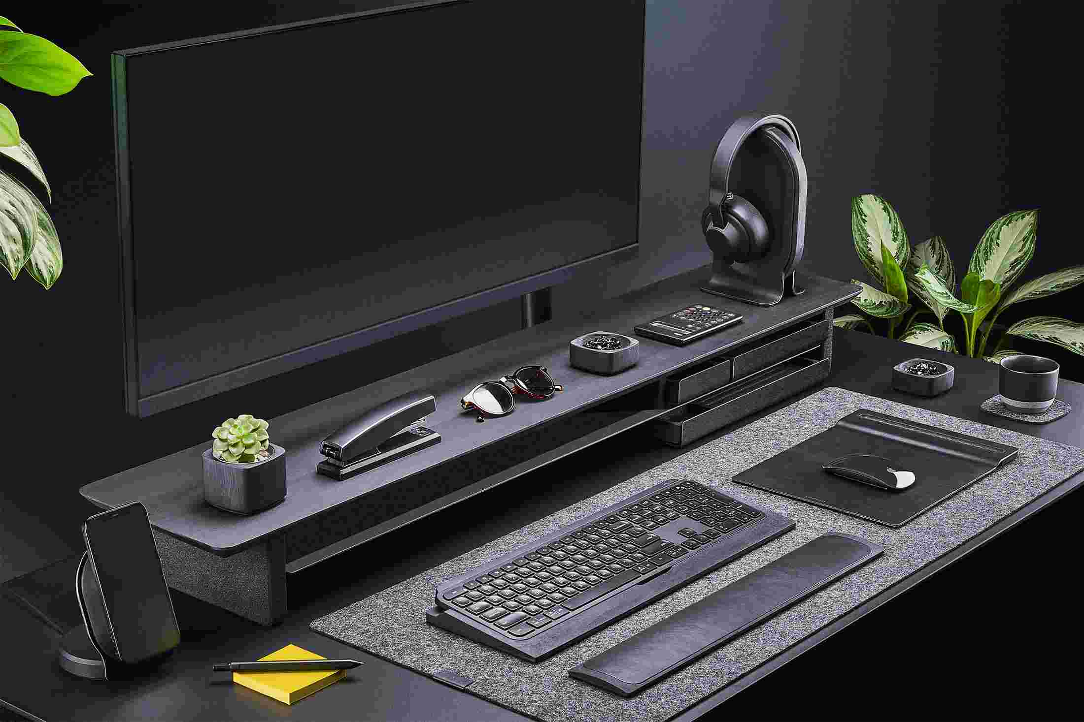 3/4 view of Large Blackened Walnut Desk Shelf with headphone stand, keyboard tray, and premium leather mouse pad.