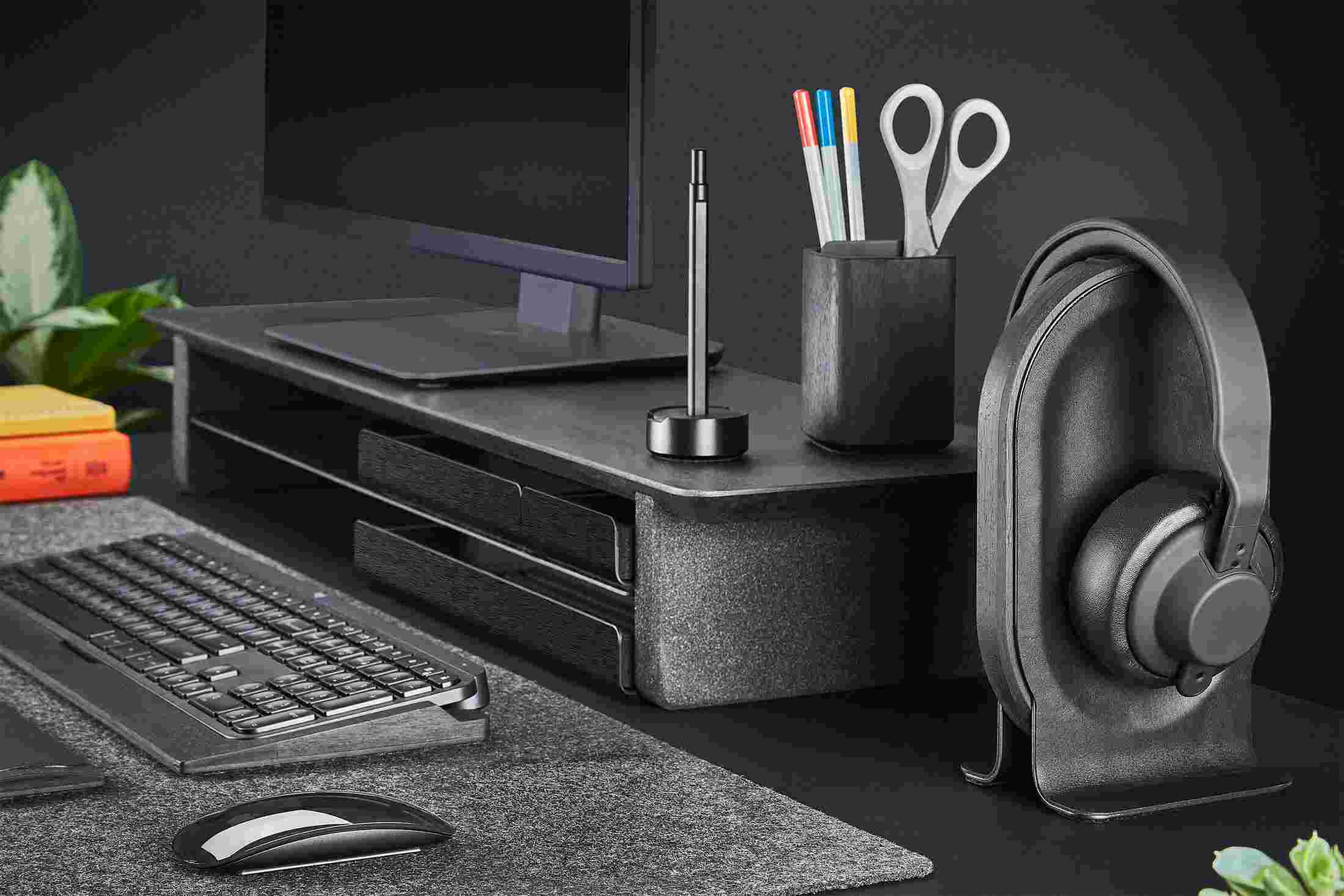 The Blackened Walnut Headphone Stand with matching all black monitor stand.