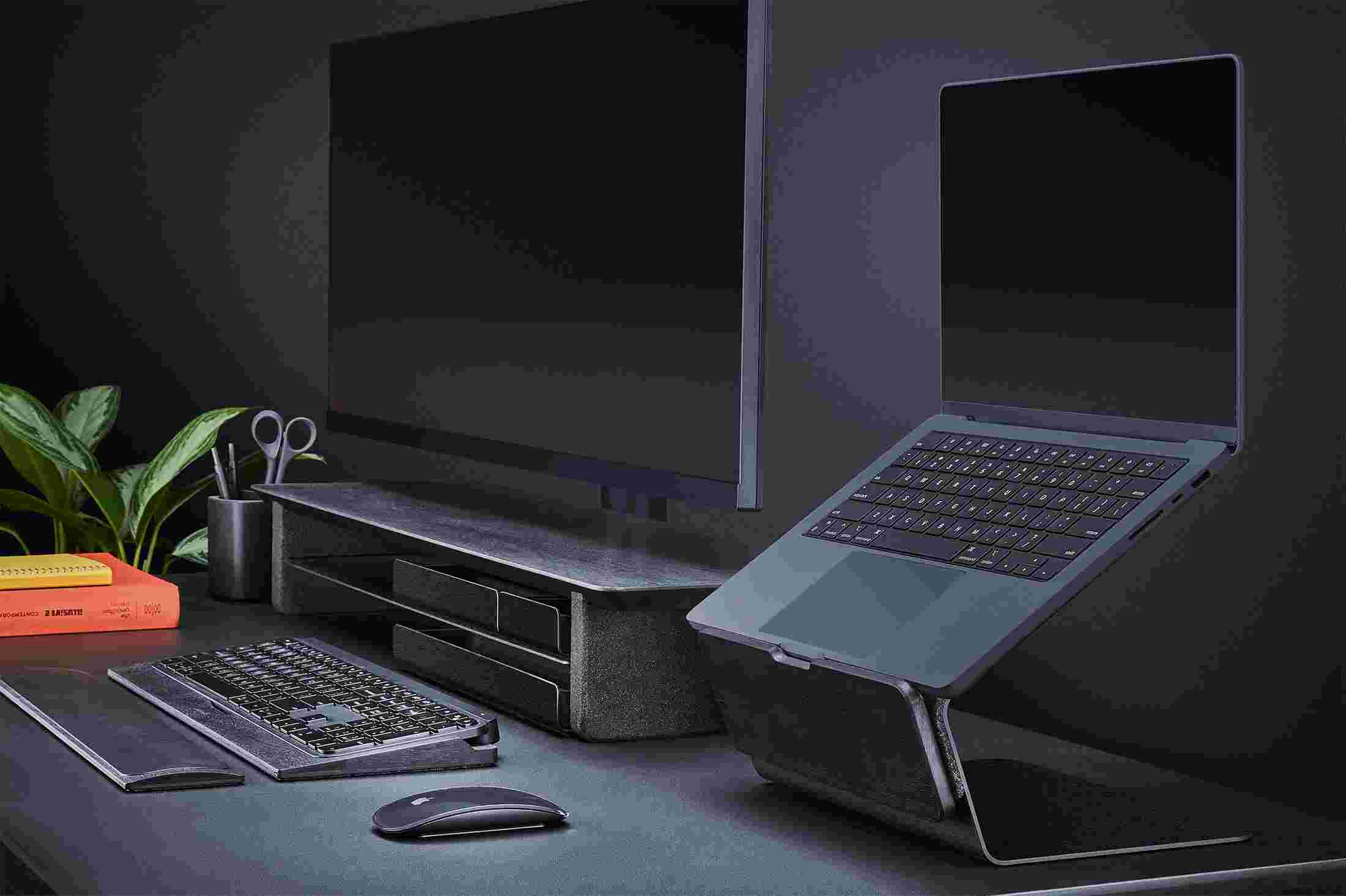 Blackened Walnut Laptop Stand with matching black monitor stand.