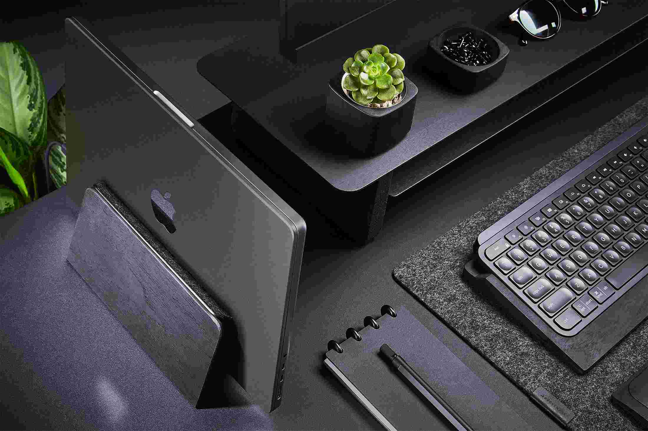 Blackened Walnut MacBook Dock with matching all black desk shelf.