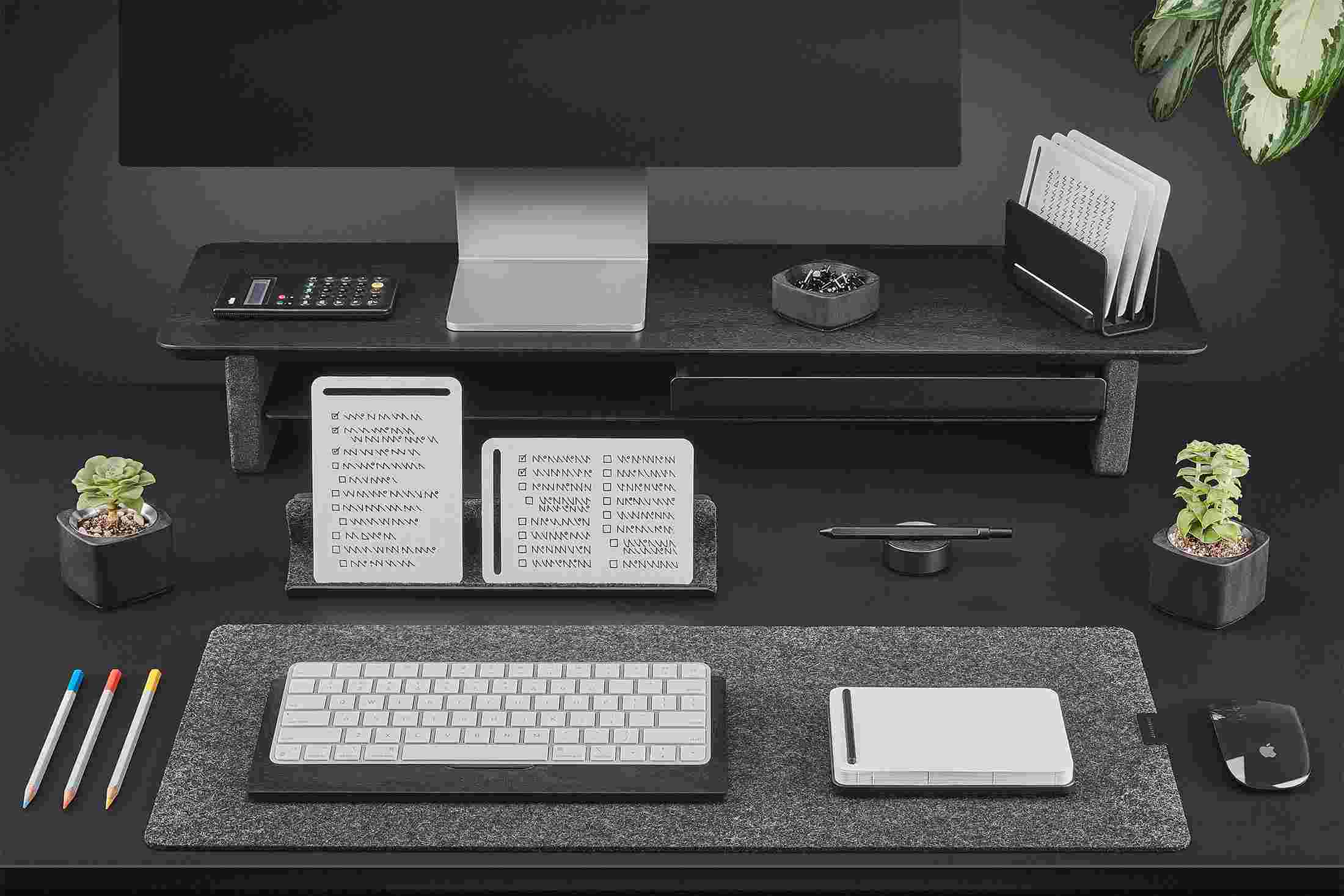 The Blackened Walnut Note-Taking kit, with notepad for jotting ideas, display rail for processing notes and holding your phone, and vertical organizer for filing and archiving notes and mail.