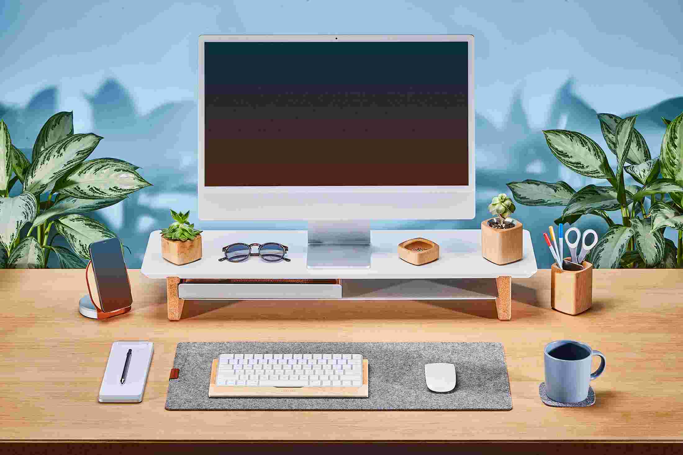 Medium Matte White Desk Shelf shown with 24 inch Apple iMac.