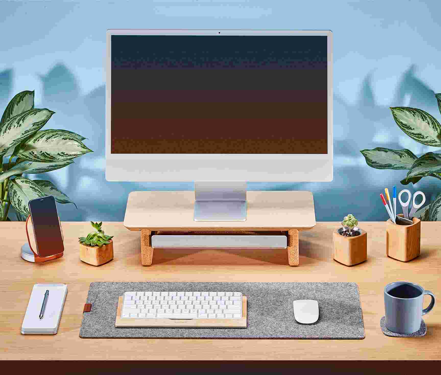 The small Matte White Desk Shelf with 24 inch iMac for small desktops.