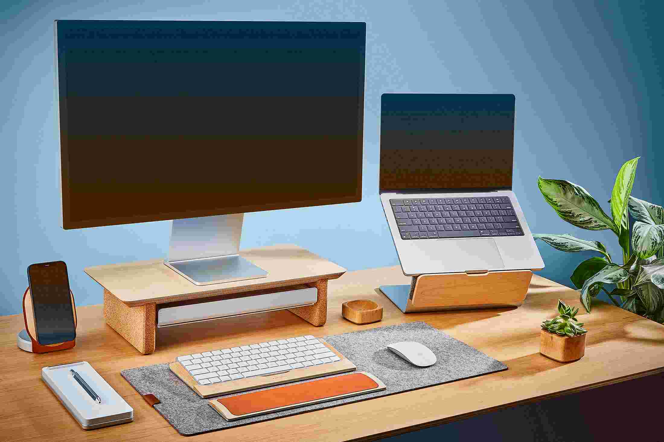 The small Maple Desk Shelf and Laptop Riser for small desktops, paired with small wool felt desk pad.