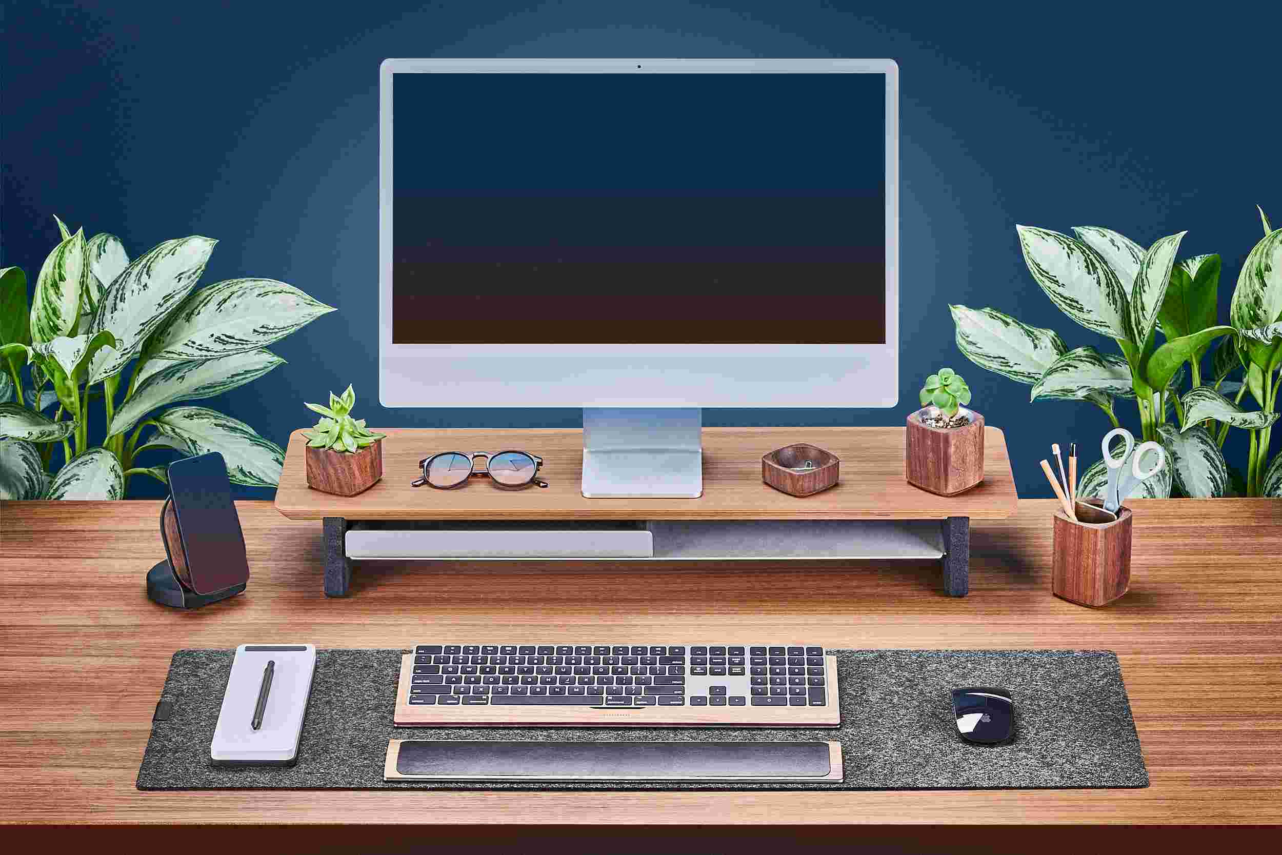 Medium Walnut Desk Shelf shown with 24 inch Apple iMac.