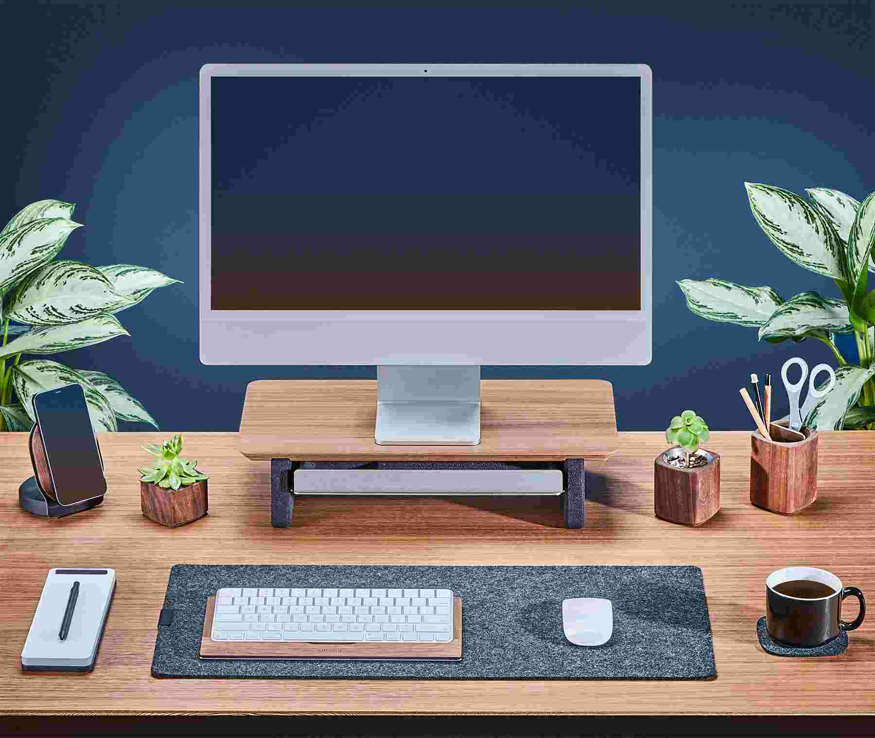 The small Matte White Desk Shelf with 24 inch iMac for small desktops.