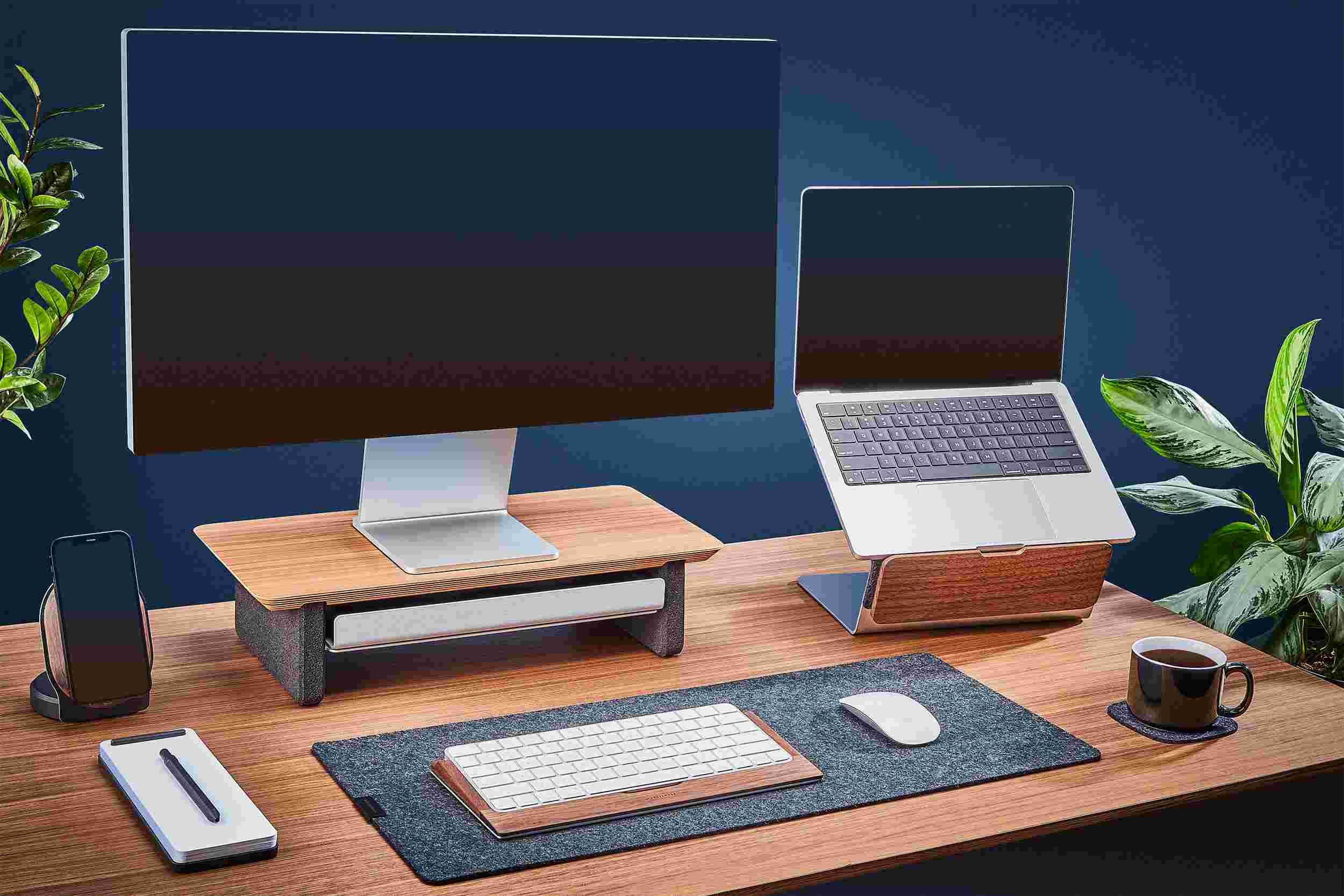 The small Walnut Desk Shelf and Laptop Riser for small desktops, paired with small wool felt desk pad.