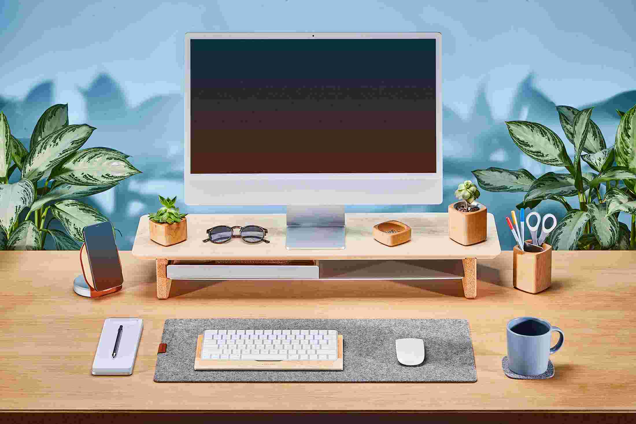 Medium Hardwood Maple Desk Shelf shown with 24 inch Apple iMac.