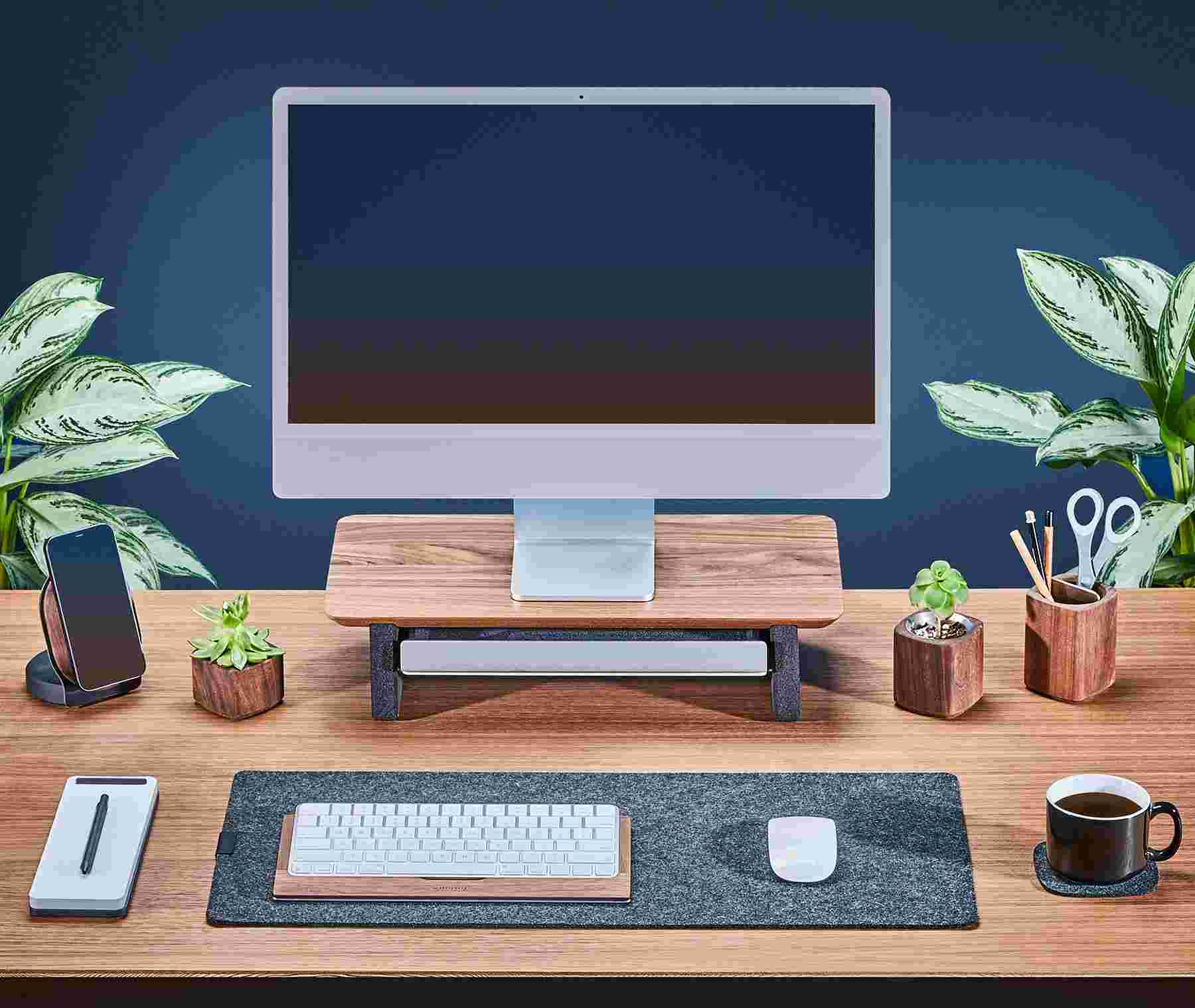 The small Matte White Desk Shelf with 24 inch iMac for small desktops.