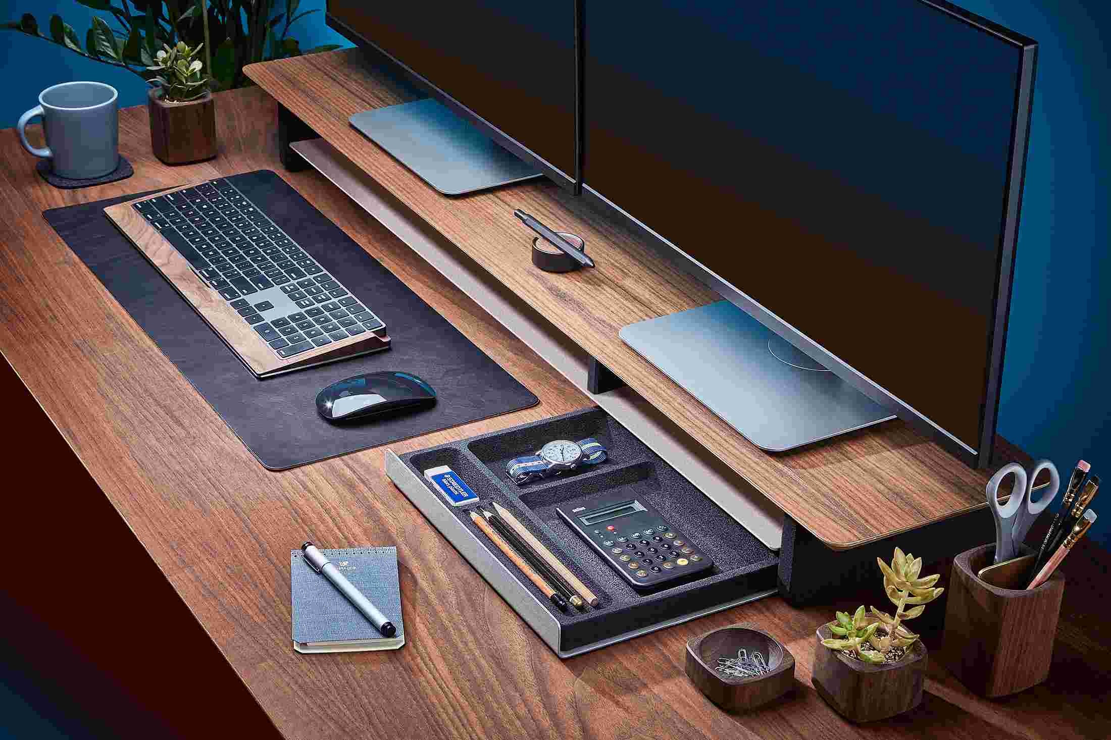 The Desk Tray as part of the Walnut Desk Shelf System.