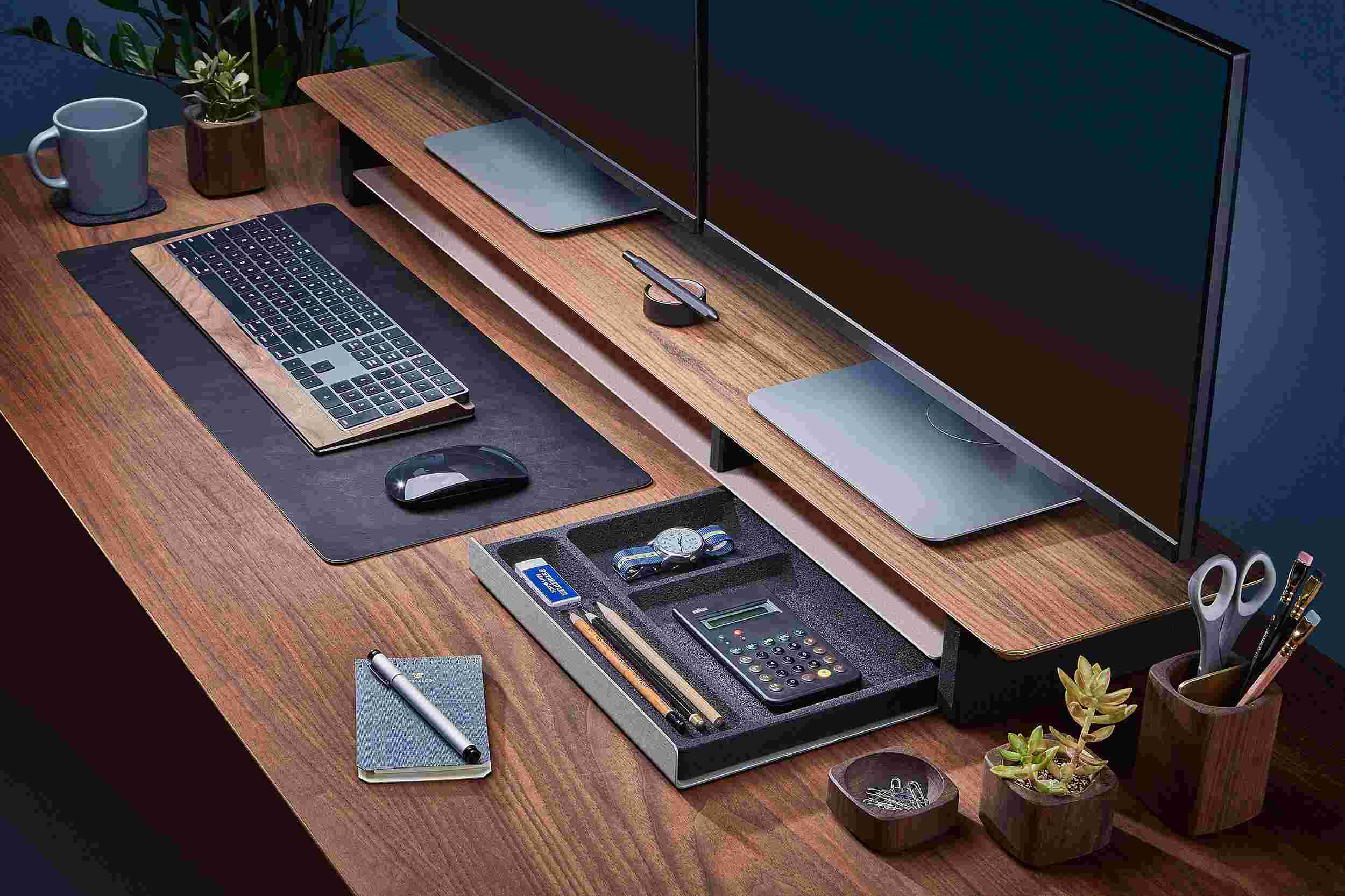 The complete Walnut Desk Shelf System, for one monitor or two.